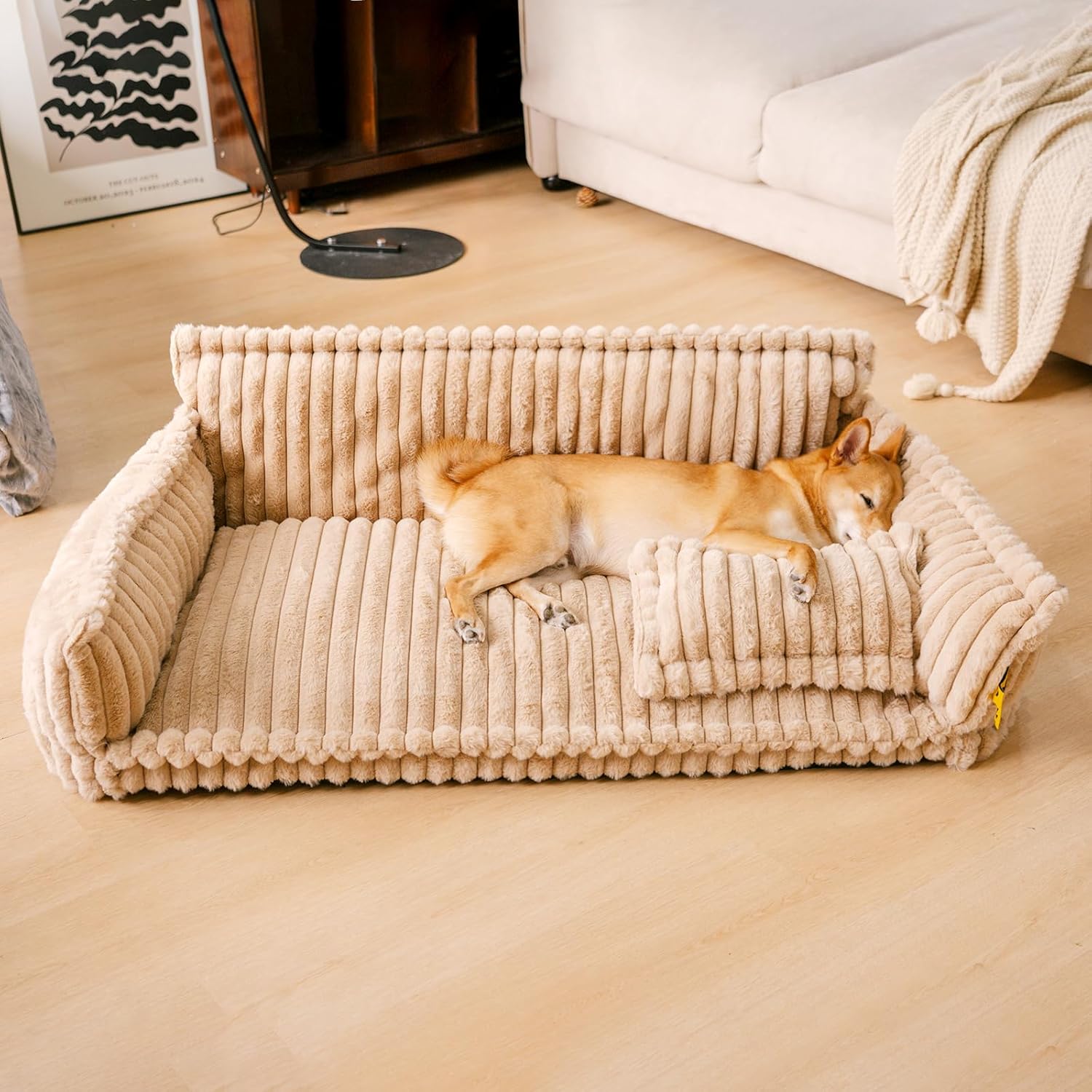FUNNY FUZZY Dog Bed for Medium Large Dogs – Orthopedic Pet Beds, Fluffy Dog Sofa with Removable Washable Cover, Supportive Foam Pet Couch Bed – Snoozy Dream, Camel, XXL