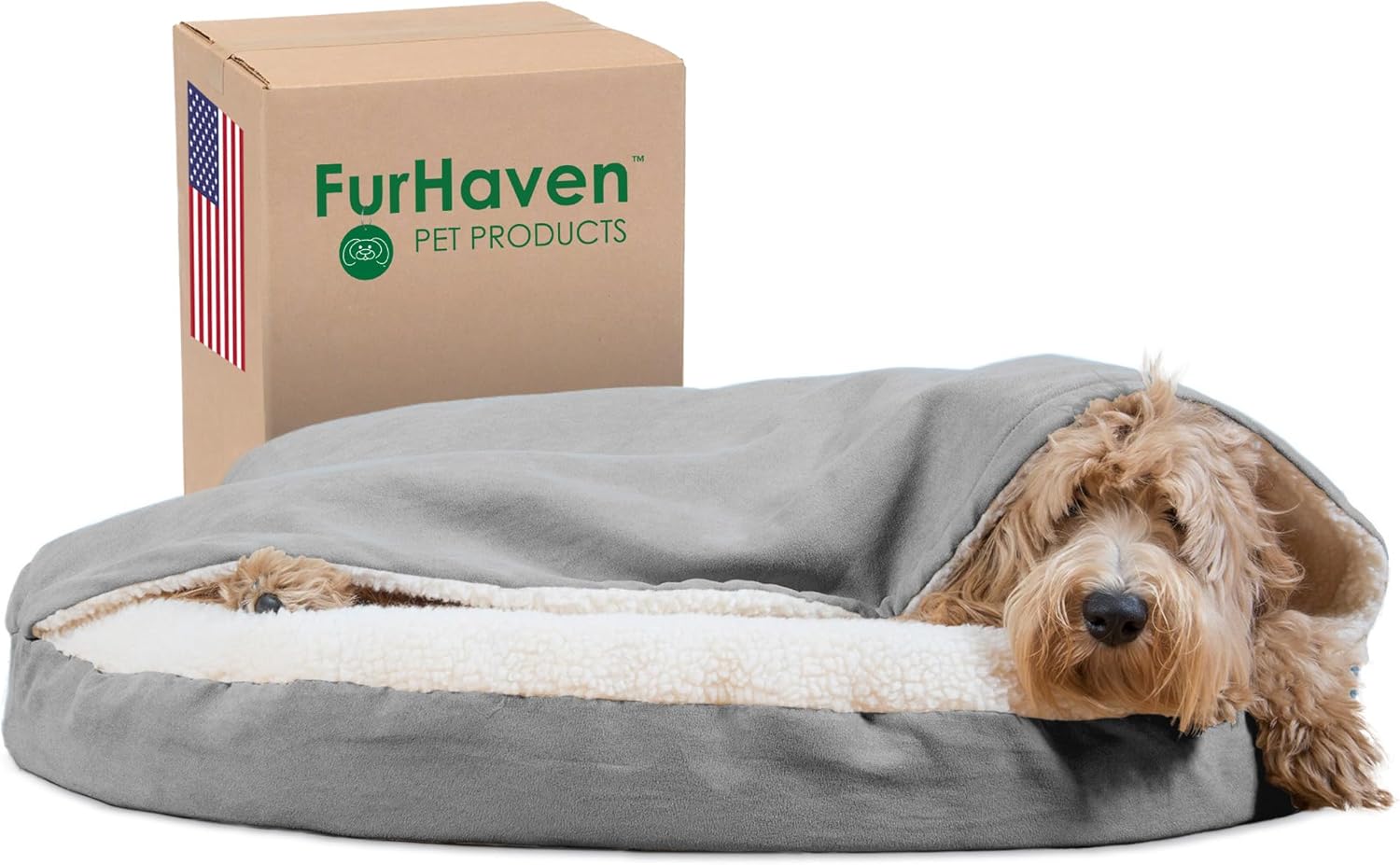 Furhaven 35″ Round Orthopedic Dog Bed for Large/Medium Dogs w/ Removable Washable Cover, For Dogs Up to 50 lbs – Sherpa & Suede Snuggery – Gray, 35-inch