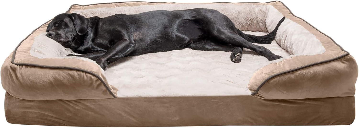 Furhaven Cooling Gel Dog Bed for Large Dogs w/ Removable Bolsters & Washable Cover, For Dogs Up to 95 lbs – Plush & Velvet Waves Perfect Comfort Sofa – Brownstone, Jumbo/XL
