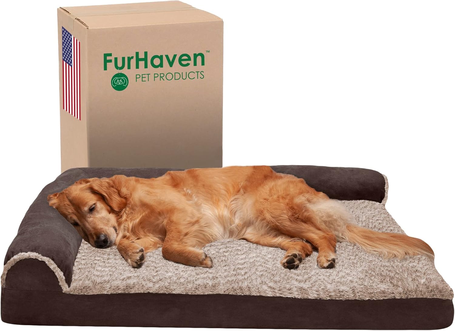 Furhaven Orthopedic Dog Bed for Large Dogs w/ Removable Bolsters & Washable Cover, For Dogs Up to 95 lbs – Two-Tone Plush Faux Fur & Suede L Shaped Chaise – Espresso, Jumbo/XL
