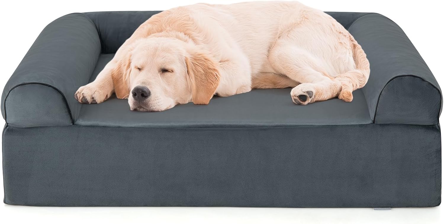 Giantex Cooling Gel Dog Bed for Large Dogs, 40″ L Memory Foam Dog Sofa Bed with Washable Cover, Removable Bolsters, Non-Slip Bottom, Pet Couch Dog Crate Mat for Puppies Dogs up to 95 lbs (Gray)