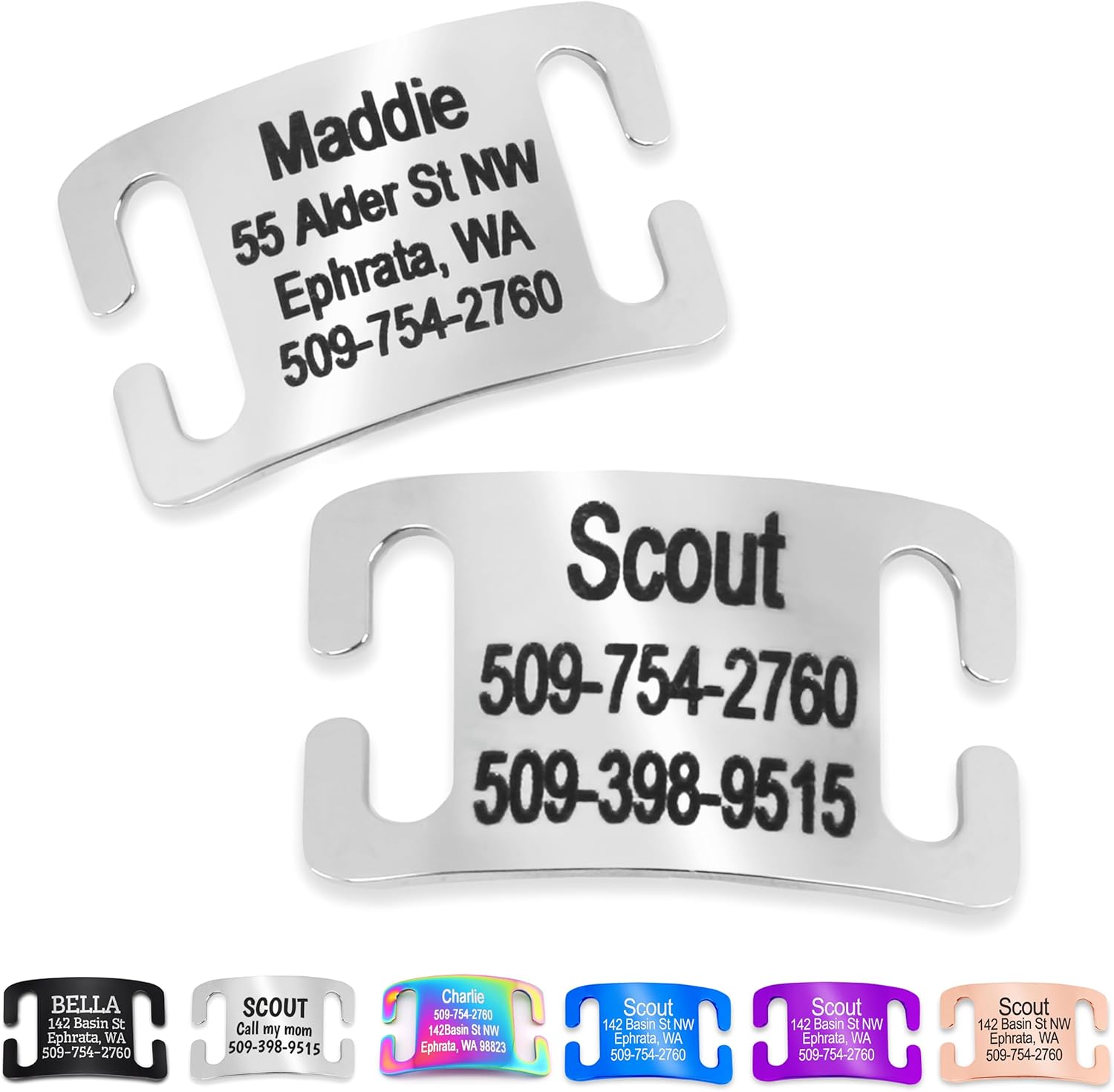 GoTags Slide-On Pet ID Tags, Curved Personalized Dog and Cat, Silent, No Noise Stainless Steel, Custom Engraved in 4 Sizes for Large and Small Pets, Silver
