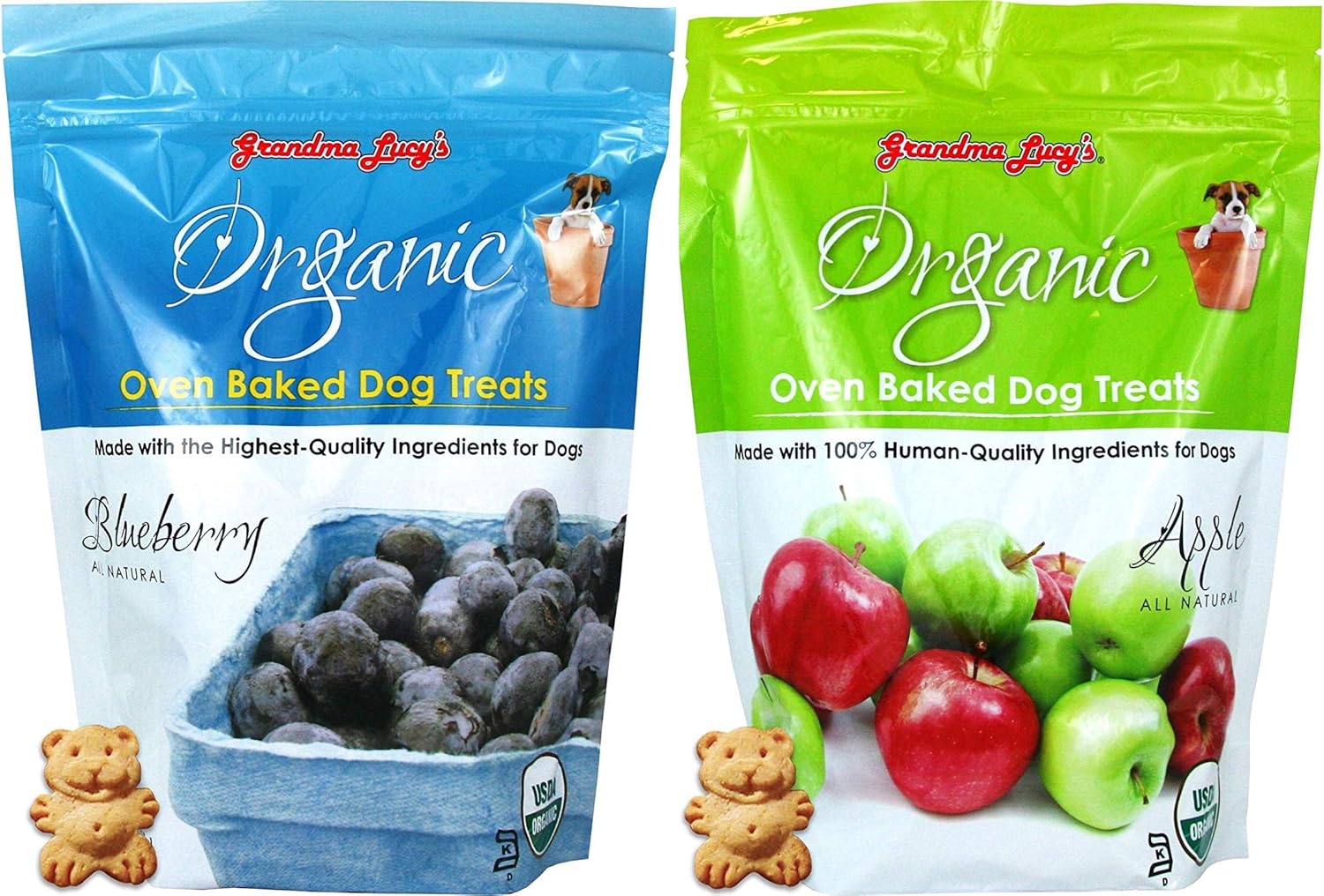 Grandma Lucy’s 2 Piece Bundle of Organic Oven Baked Dog Treats, 14 Ounces Each, Blueberry and Apple