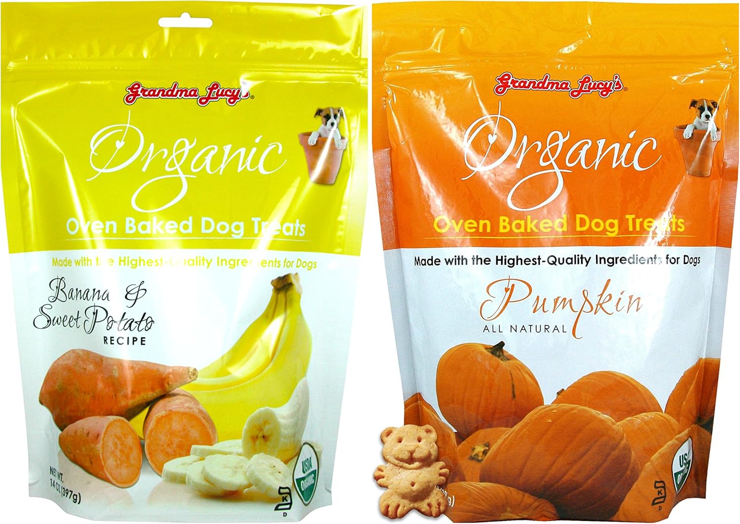 Grandma Lucy’s Organic Oven Baked Dog Treats 2 Flavor Variety Bundle: (1) Pumpkin Recipe and (1) Banana and Sweet Potato Recipe (2 Bags Total, 14 Ounces Each)