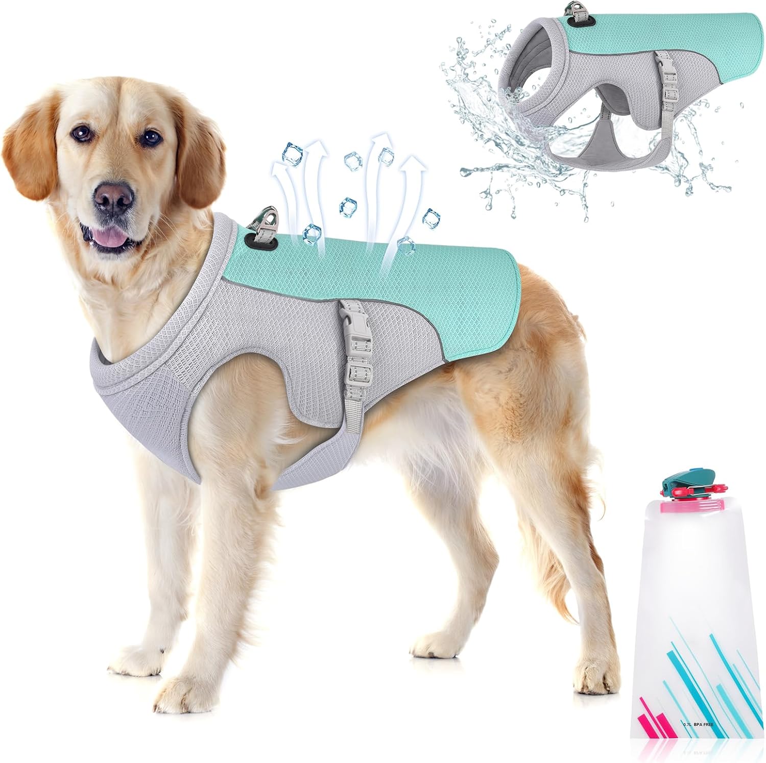 Guzekier Dog Cooling Vest Dog Harness Cooler Jacket with Portable Water Bottle, for Walking Dog, Outdoor Camping and Hunting Training.(M)