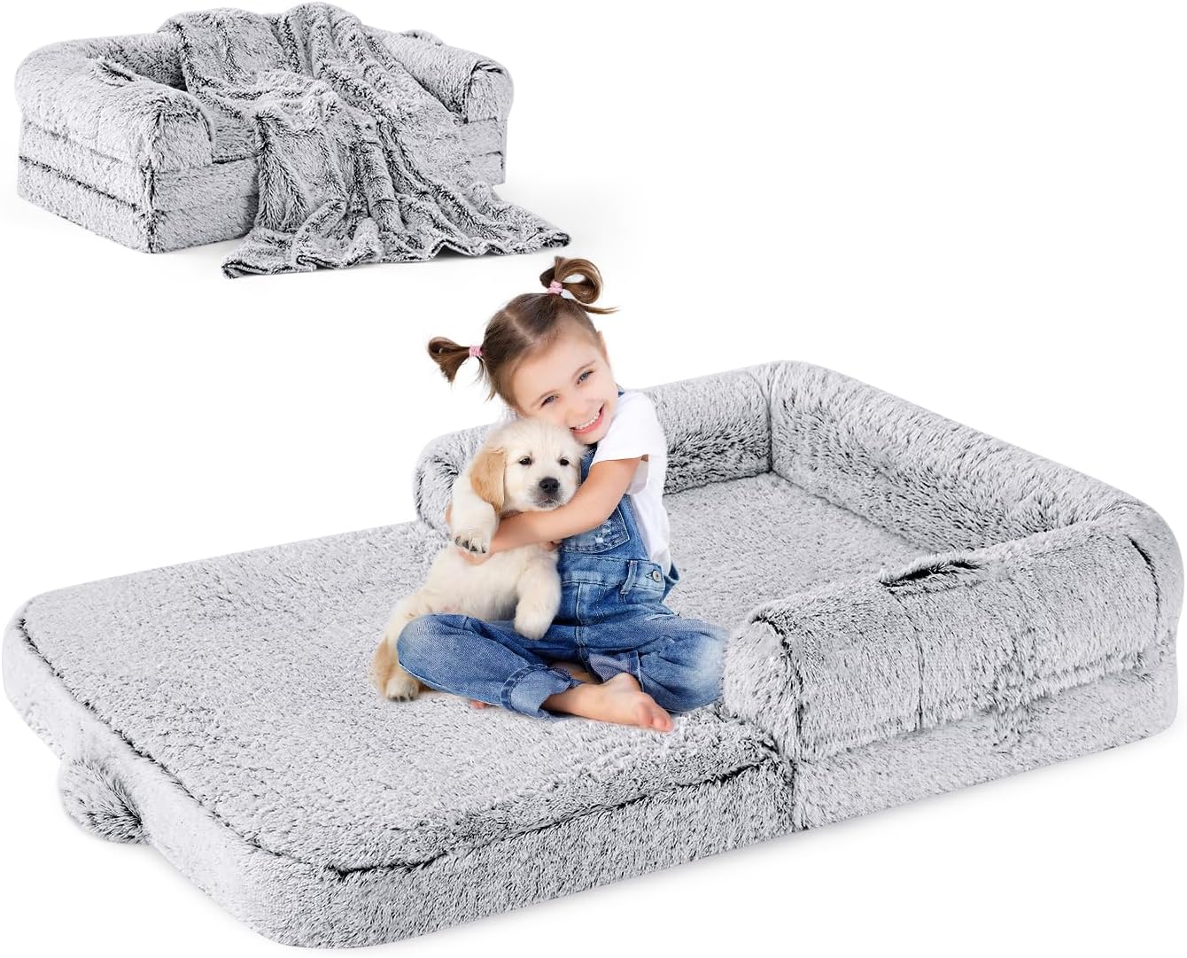 Human Dog Bed for Kids, 2 in 1 Foldable XL Bed for People Fits Pet Families, Orthopedic Calming Memory Foam Dog Sofa, Faux Fur Human Size Pet Bed with Blanket, 54″x38″x8.5″, Grey