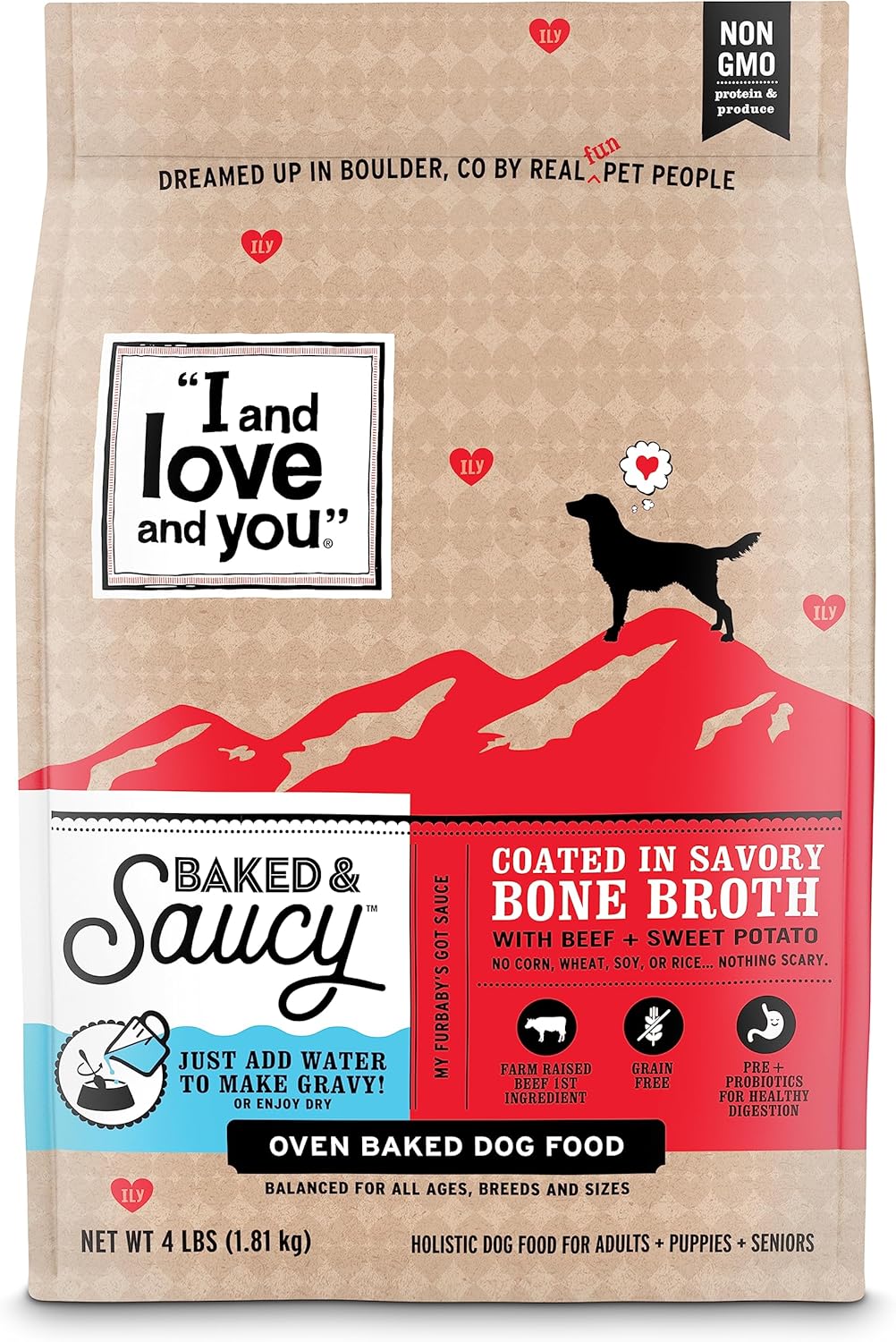 I AND LOVE AND YOU Baked and Saucy Dry Dog Food – Beef + Sweet Potato – Prebiotic + Probiotic, Real Meat, Grain Free, No Fillers, 4lb Bag