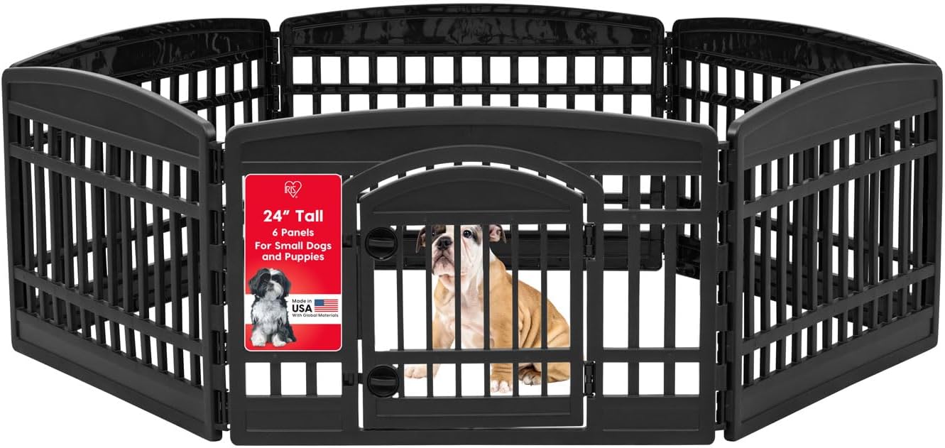 IRIS USA 24″ 6-Panel Dog Playpen with Door, 61 x 61 x 24, Puppy Playpen, Dog Play Pen Indoors, Pet Fence, Puppies/Small Dogs, Black