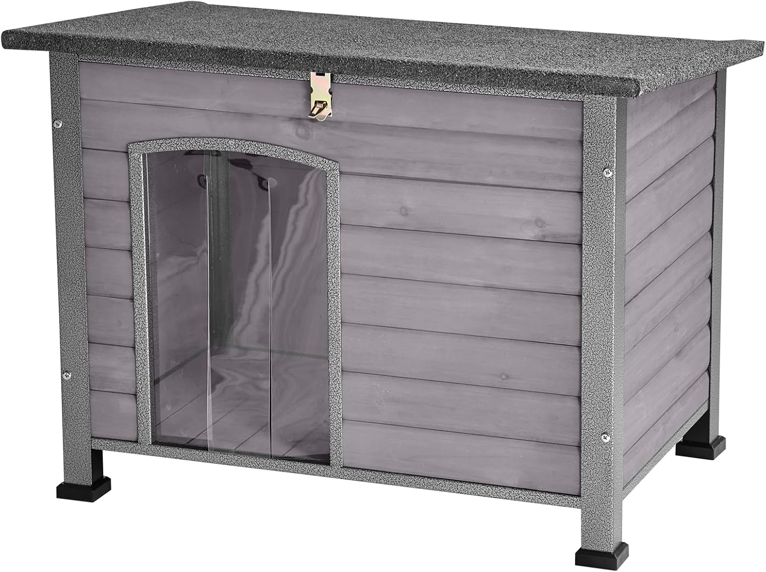 Indoor Outdoor Dog House,Anti-Chewing Iron Frame Dog Kennel,Wood Warm Pets Home,Weatherproof Outside Shelter for Feral Animal 33.5″ (L) X 22″ (W) X 25.2″ (H) Grey