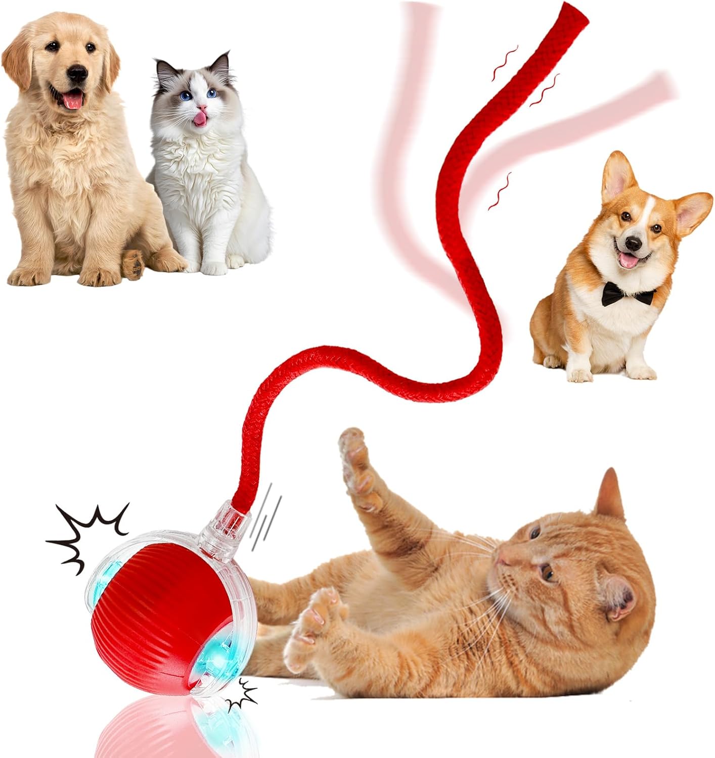 Interactive Electric Automatic Rolling Moving Rechargeable Self Play Stimulation Toy,Smart Pet Chase Ball with Speedy Tail Rope for Bored Indoor Cats Enrichment,stimulating Dogs Toy (Red)