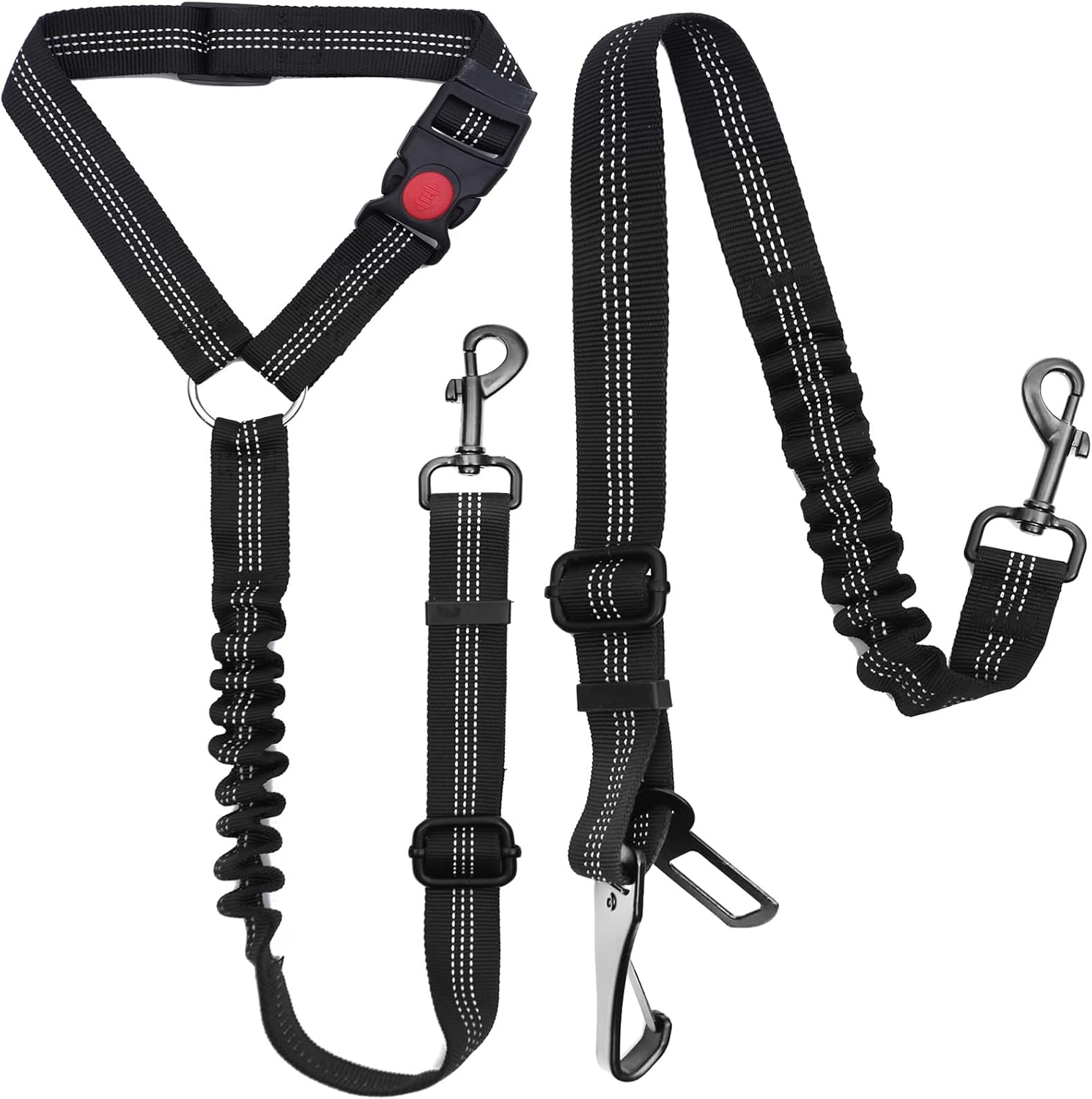 Junreox 2 Packs Dog Seat Belt, 3rd Generation Dog Seatbelt Harness with Adjustable Metal Buckle, Elastic Bungee Reflective Vehicle Car Headrest Restraint Tether for Small Medium Large Pet