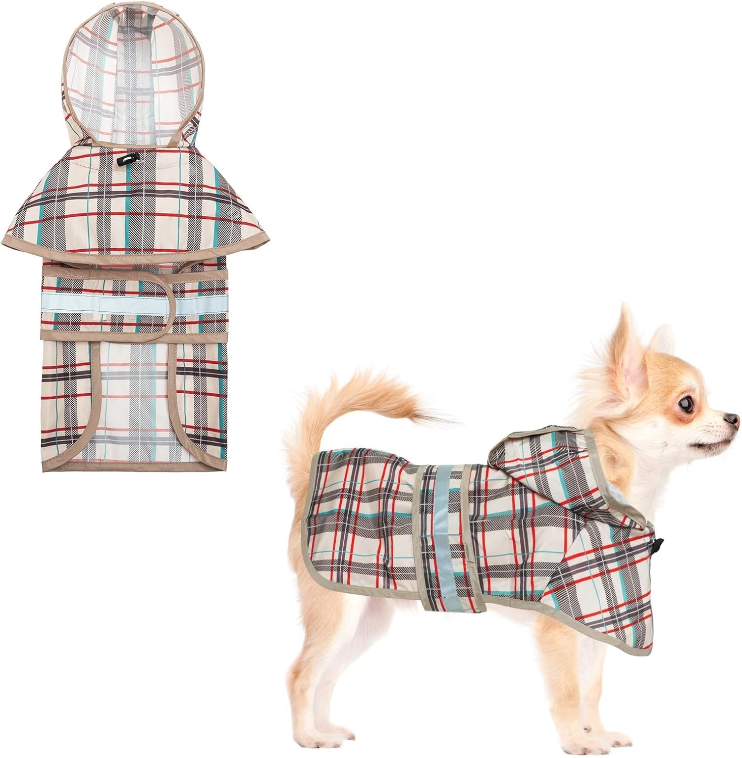 KOOLTAIL Dog Raincoat Hooded Slicker Poncho with Leash Hole, Raincoat for Small Medium Dogs, Waterproof Doggie Rain Jacket with Reflective Strip, Adjustable Breathable Plaid Puppy Rainwear,Beige S KOOLTAIL Dog Raincoat Hooded Slicker Poncho with Leash Hole, Raincoat for Small Medium Dogs, Waterproof Doggie Rain Jacket with Reflective Strip, Adjustable Breathable Plaid Puppy Rainwear,Beige S