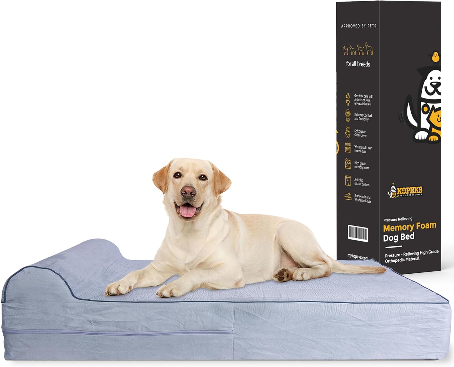 KOPEKS Orthopedic Memory Foam Dog Bed 7″ Inch Thick Extra Large Dog Bed With Pillow Grey 50″x34″x10″ Includes Waterproof Liner and Durable Removable Cover With Smart Design