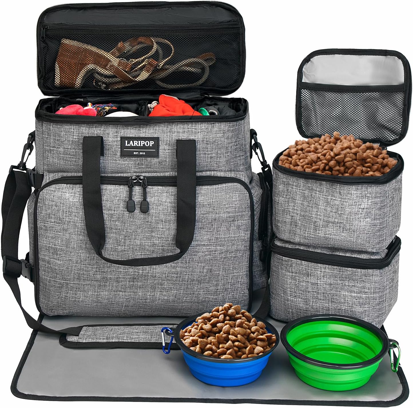 LARIPOP Dog Travel Bag,Weekend Pet Travel Bag Set for Dog and Cat,Airline Approved Tote Multi-Function Dog Bags for Traveling,Include 2 Collapsible Bowls,2 Food Storage Containers,1 Feeding Mat,Gray