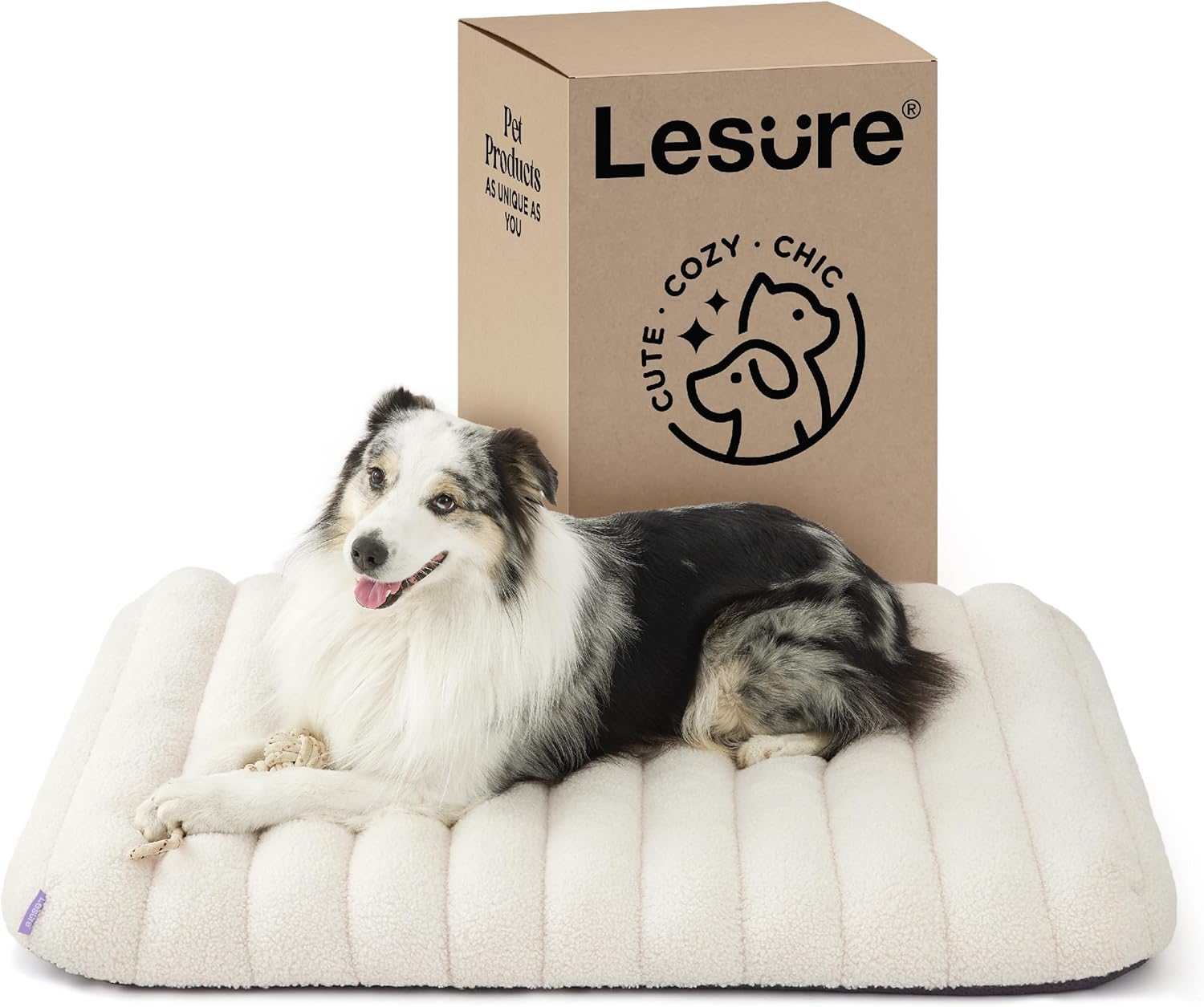 LE SURE Cute Orthopedic Dog Bed Large Sized Dog, Waterproof Chic Flat Pet Beds with Removable Washable Cover, Fuzzy Thick Egg Crate Foam Pet Mat for Indoor Use (36″ x 27″, Cream)