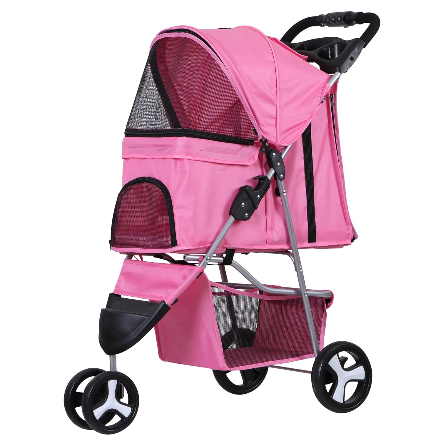 LEMY Foldable Pet Puppies Stroller for Cats and Dogs, 3 Wheels Travel Pet Carrier w/Weather Cover, Storage Basket and Cup Holder, Pink
