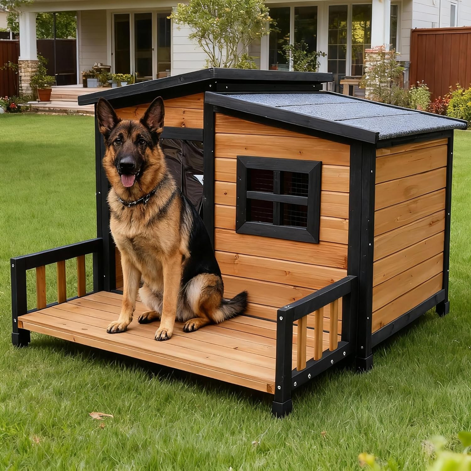 Large Indoor Outdoor Dog House,Wood Insulated Dog House,Weatherproof Outside Shelter with Elevated Floor,Easy to Assemble(39.3″ L x 37.5″ W x 30″ H)