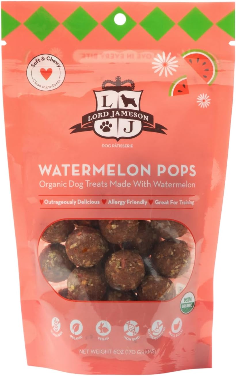 Lord Jameson Watermelon Pops Soft & Chewy Organic Dog Treats – Vitamin-Rich & Antioxidant-Packed – Plant-Based, Gluten-Free, Preservative-Free – All Life Stages – Made in USA 6 oz Lord Jameson Watermelon Pops Soft & Chewy Organic Dog Treats – Vitamin-Rich & Antioxidant-Packed – Plant-Based, Gluten-Free, Preservative-Free – All Life Stages – Made in USA 6 oz