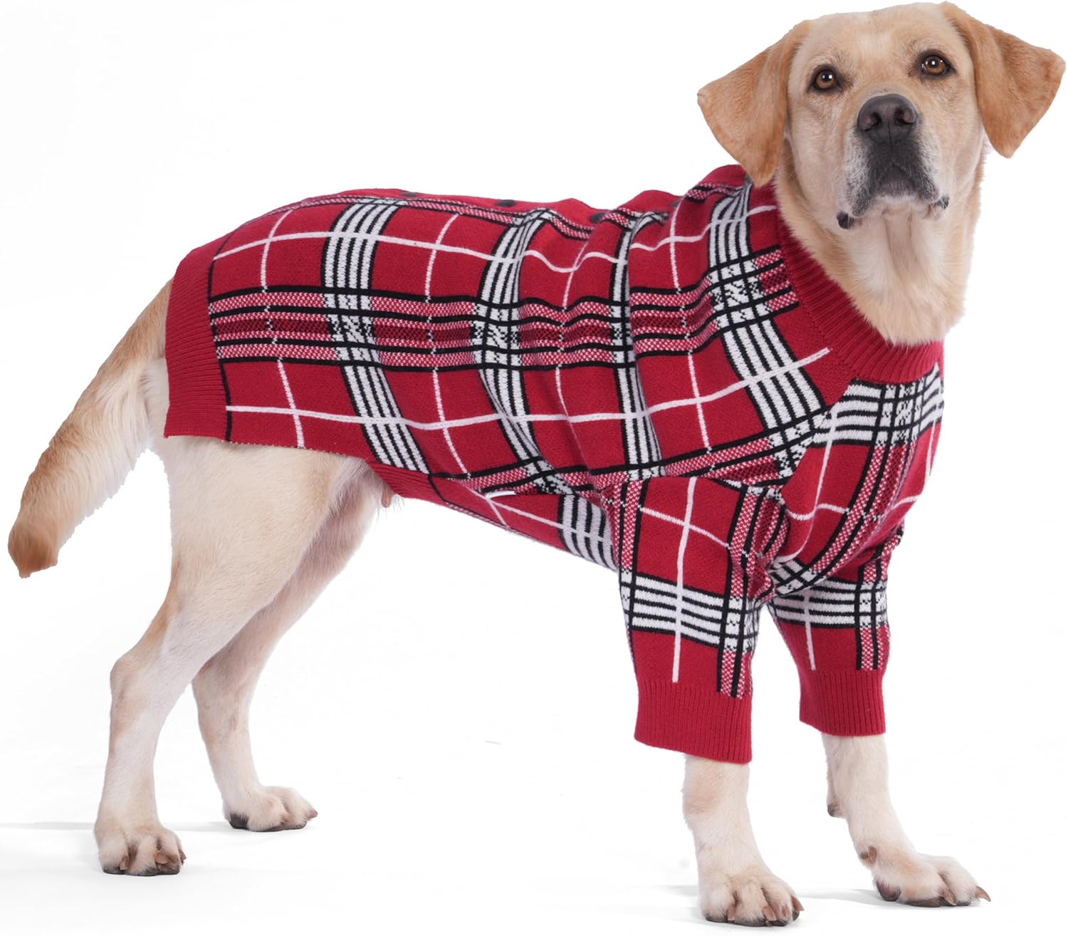 LovinPet Large Dog Sweater – Classic British Plaid Red Windproof Knit Sweater, Cozy Two-Legged Design for Medium & Large Dogs, Warm Vest for Cold Weather,L