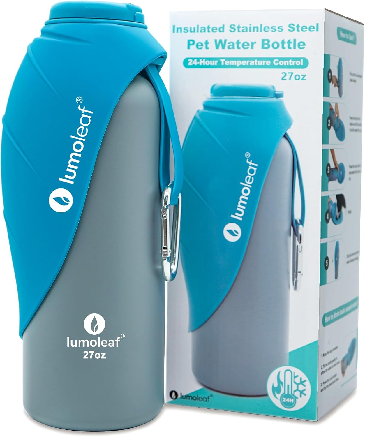 LumoLeaf Insulated Dog Water Bottle 27 oz Stainless Steel – Keep Water Cool or Warm, Portable Pet Water Bowl for Travel, Wide Mouth for Easy Ice Filling & Cleaning