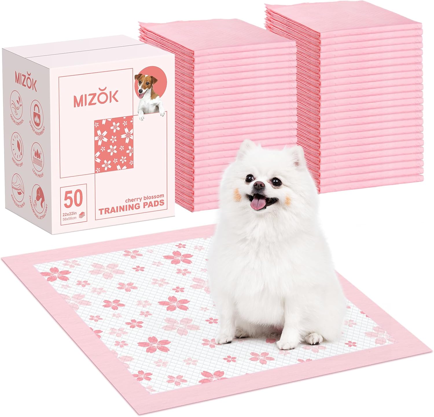 MIZOK Puppy Pads 22″x 22″ with Leak-Proof Quick-Dry Design Pee Pads for Dogs Potty Training, 6-Layer Standard Absorbency Dog Pee Pads Regular Size, Pink Cherry Blossom Pattern (50 Counts)