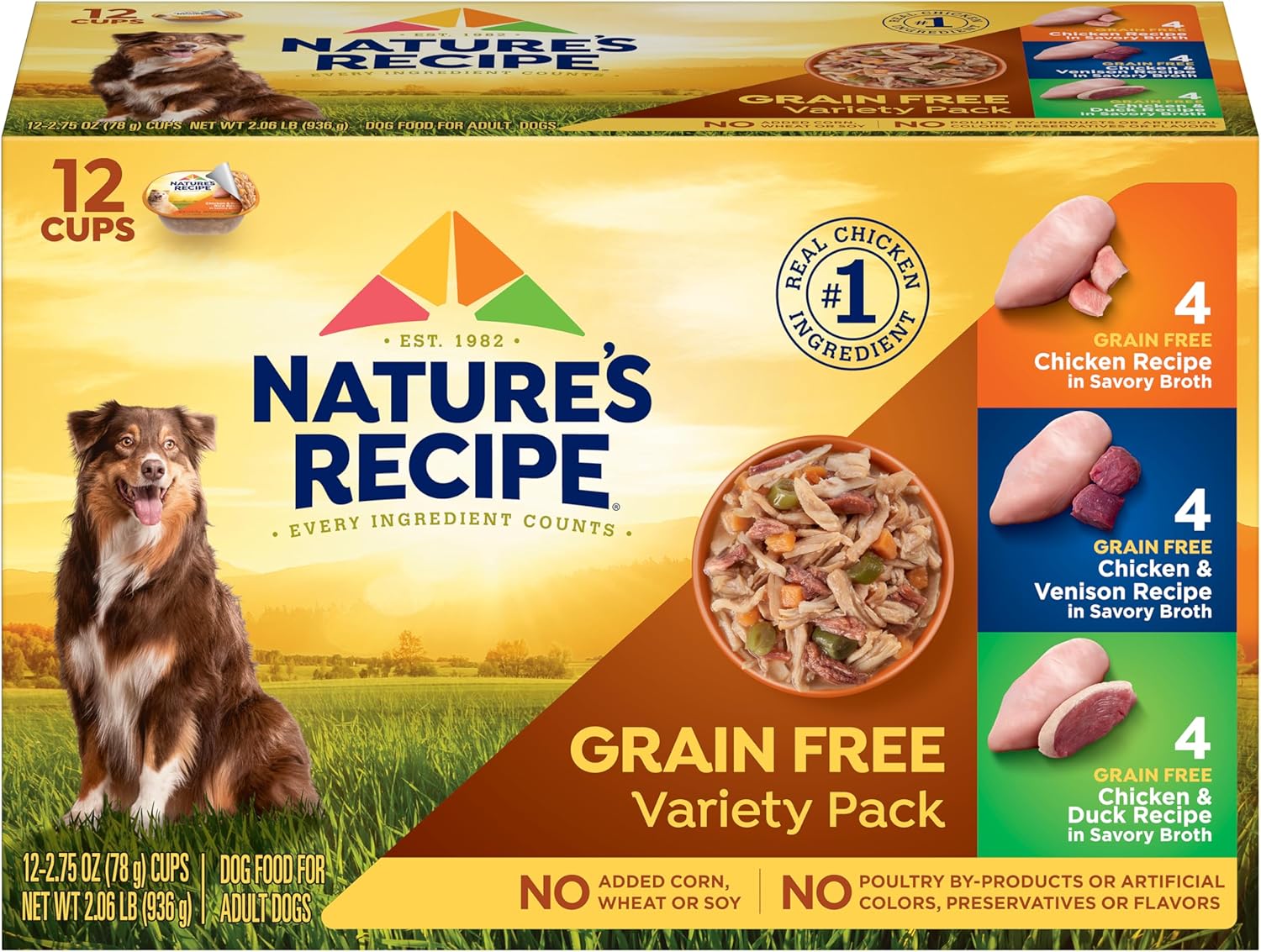 Nature’s Recipe Grain Free Chicken Recipe, Chicken & Venison Recipe and Chicken & Duck Recipe in Savory Broth Variety Pack Wet Dog Food, 12-2.75 oz. Cups, 2 Count Nature’s Recipe Grain Free Chicken Recipe, Chicken & Venison Recipe and Chicken & Duck Recipe in Savory Broth Variety Pack Wet Dog Food, 12-2.75 oz. Cups, 2 Count
