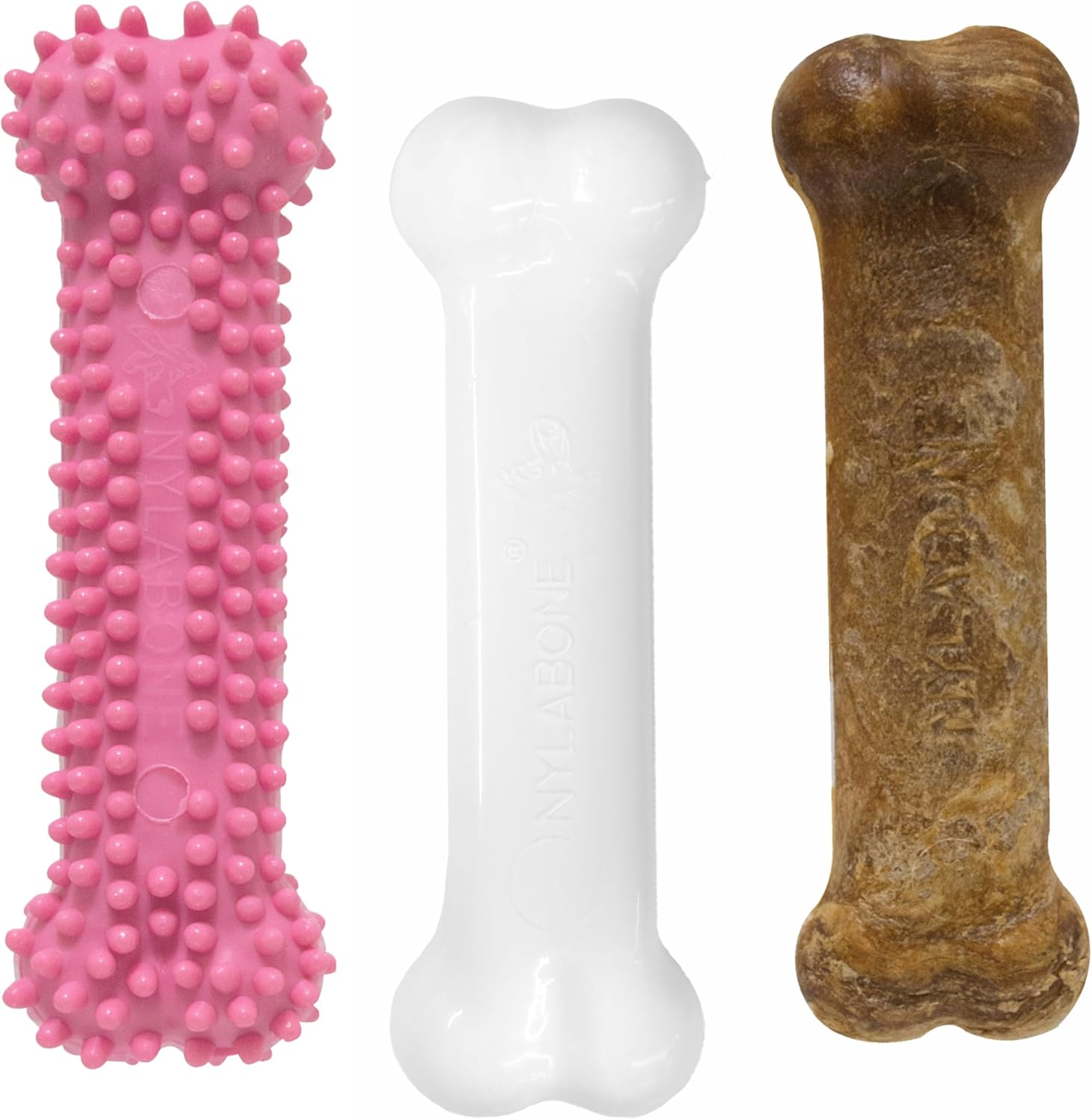 Nylabone Puppy Chew Toys & Natural Treat Triple Pack, Puppy Enrichment Teething Toys, Pink, Chicken & Bacon Flavor, Small Dogs – Up to 25 Ibs, 3 Pack