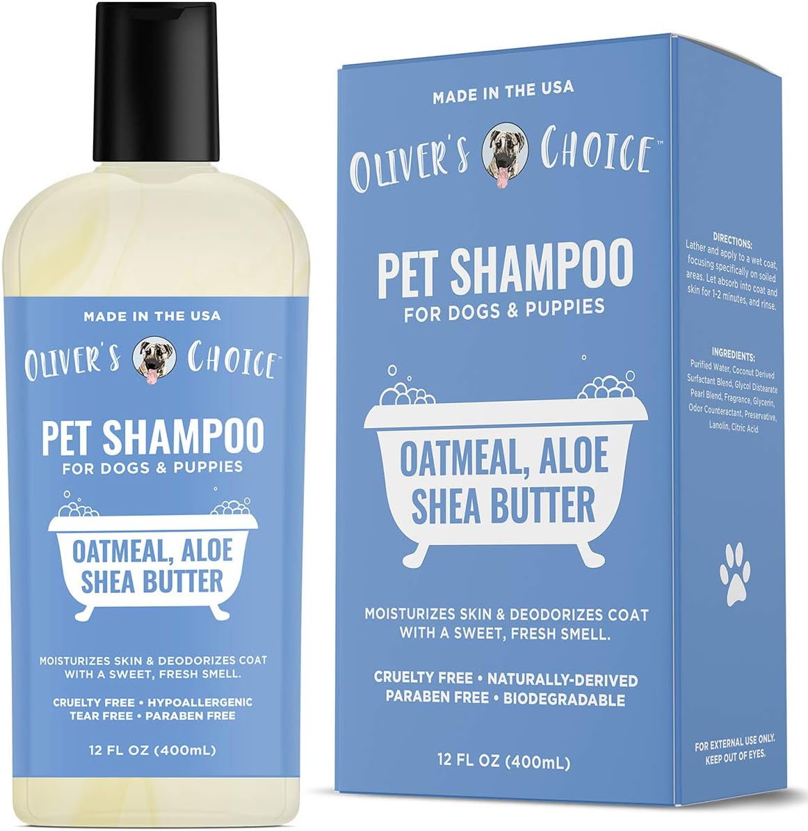 OLIVER’S CHOICE Dog Shampoo with Oatmeal, Aloe & Shea Butter – Deodorizing Puppy Shampoo for Smelly Dogs, Itchy Skin Relief, Paraben-Free, Biodegradable, Cruelty Free – 12 fl. oz