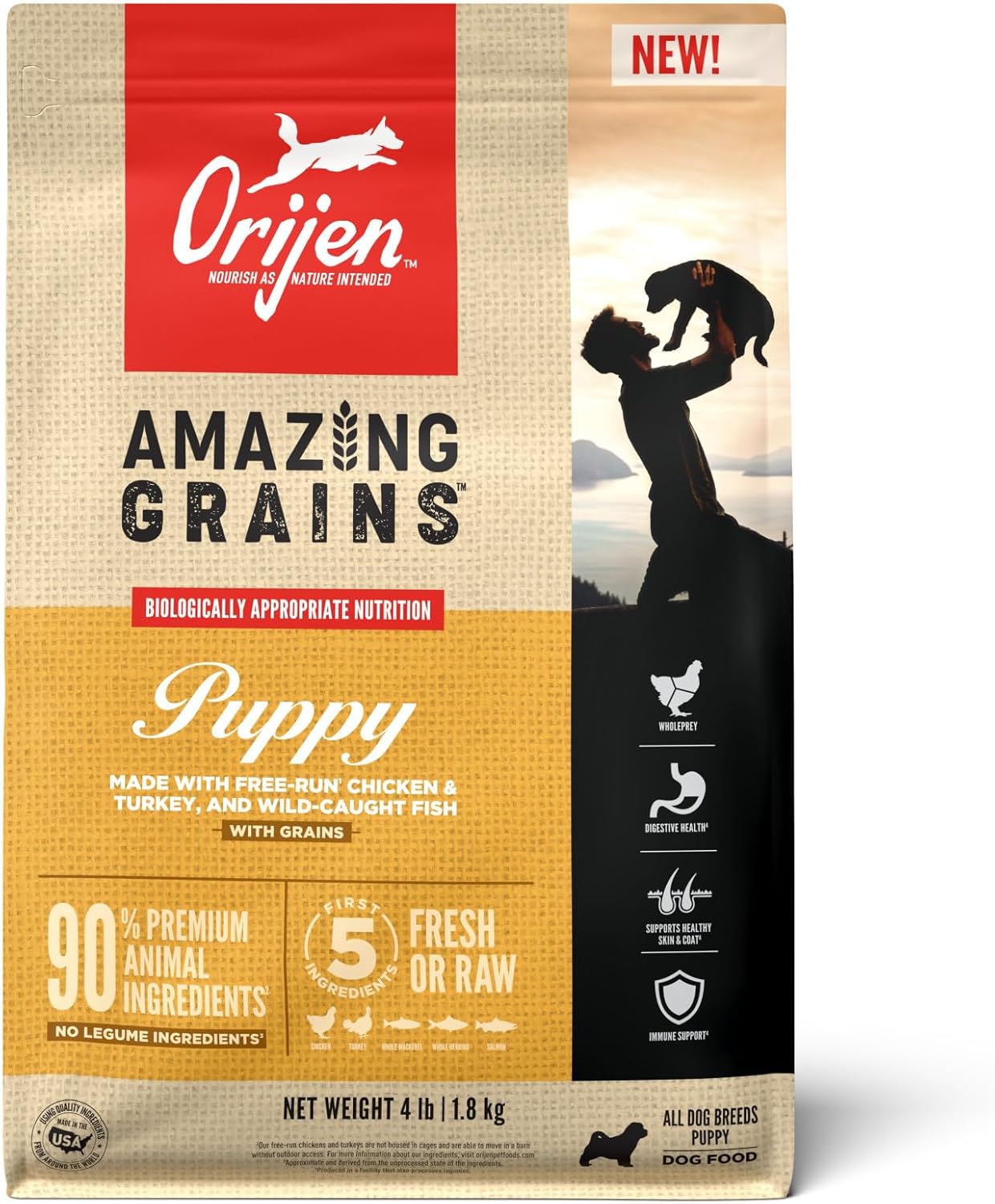 ORIJEN Amazing Grains High Protein Dry Dog Food Puppy Recipe 4lb Bag ORIJEN Amazing Grains High Protein Dry Dog Food Puppy Recipe 4lb Bag
