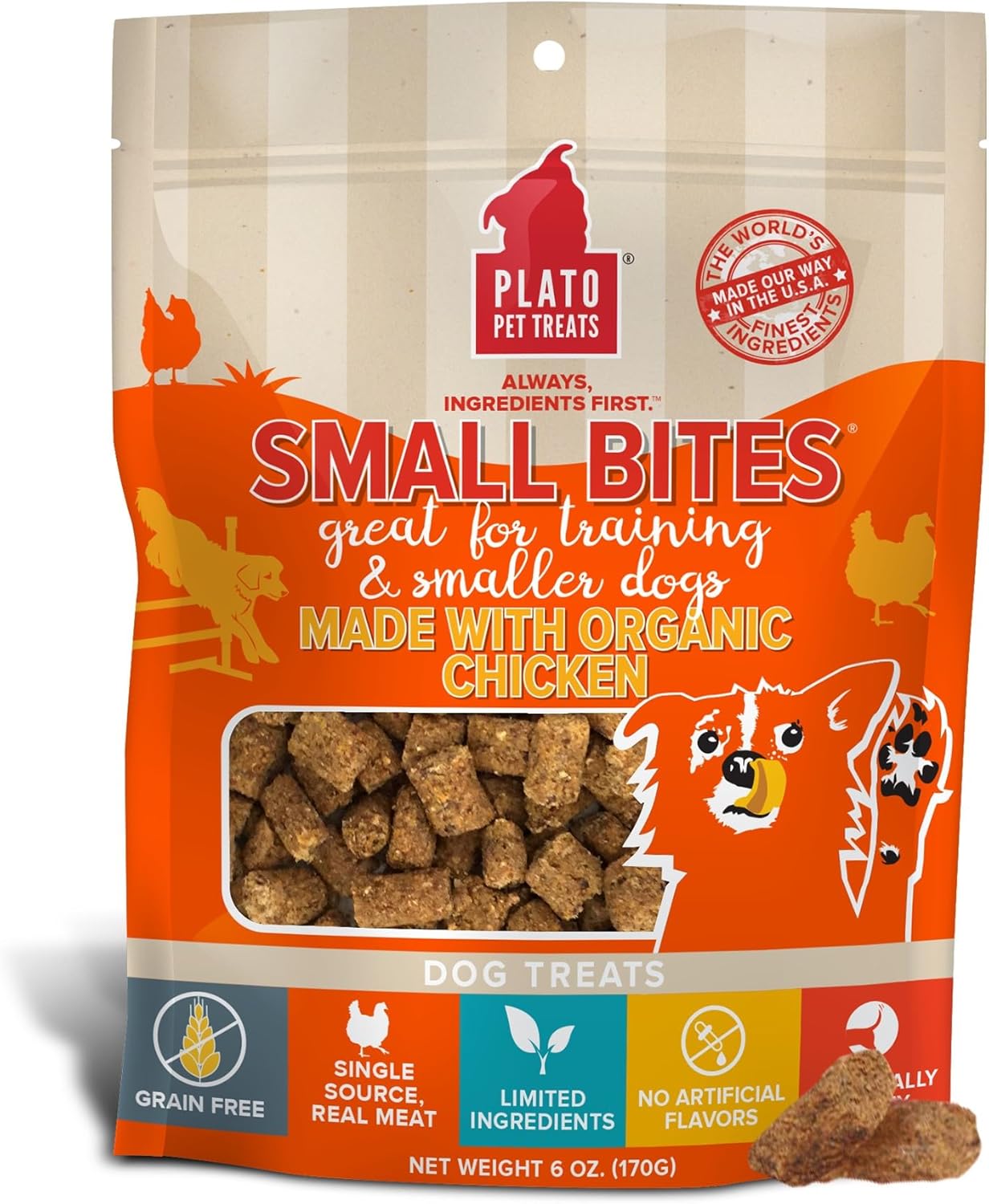 PLATO Small Bites Natural Training Dog Treats – Real Meat – Grain Free – Made in the USA – Organic Chicken Flavor, 6 ounces PLATO Small Bites Natural Training Dog Treats – Real Meat – Grain Free – Made in the USA – Organic Chicken Flavor, 6 ounces