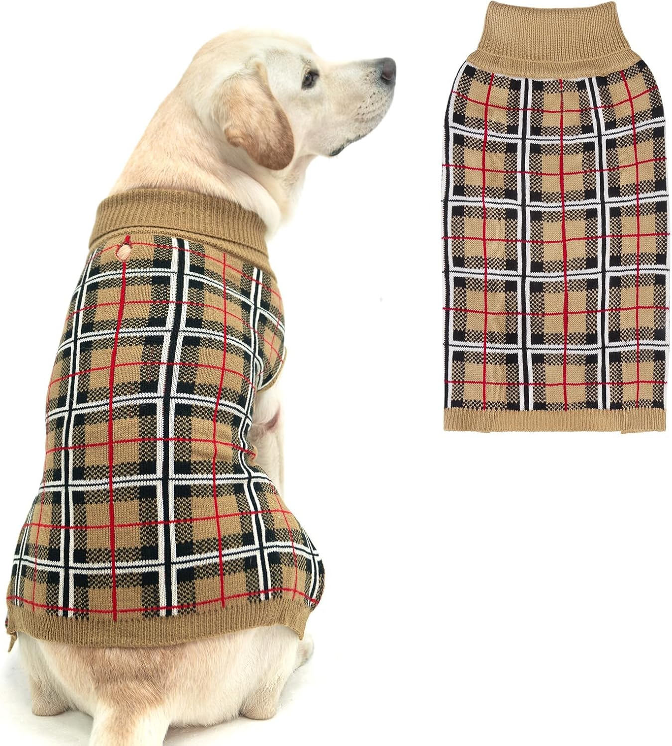PUPTECK Dog Sweaters for Large Medium Small Dogs – Fall Classic Plaid Style Puppy Holiday Winter Coat Clothes Warm, Cream, XL