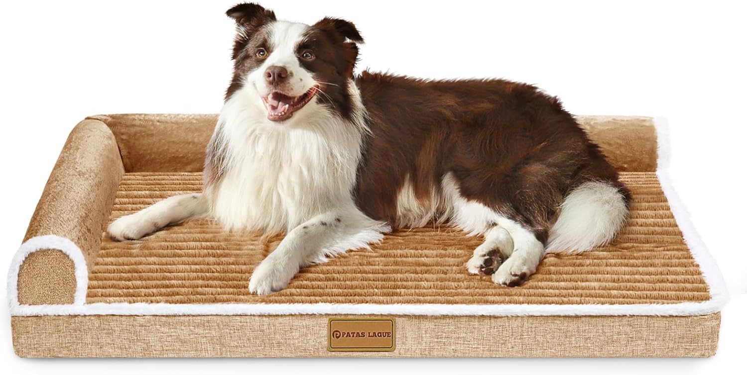 Patas Lague Orthopedic XL Dog Bed Large Sized Dog 42”X28”, Waterproof Comfortable L Bolster Big Large Non-Slip Soft Warm Pet Crate Bed Sleep Sofa mat with Removable Washable Cover, Brown