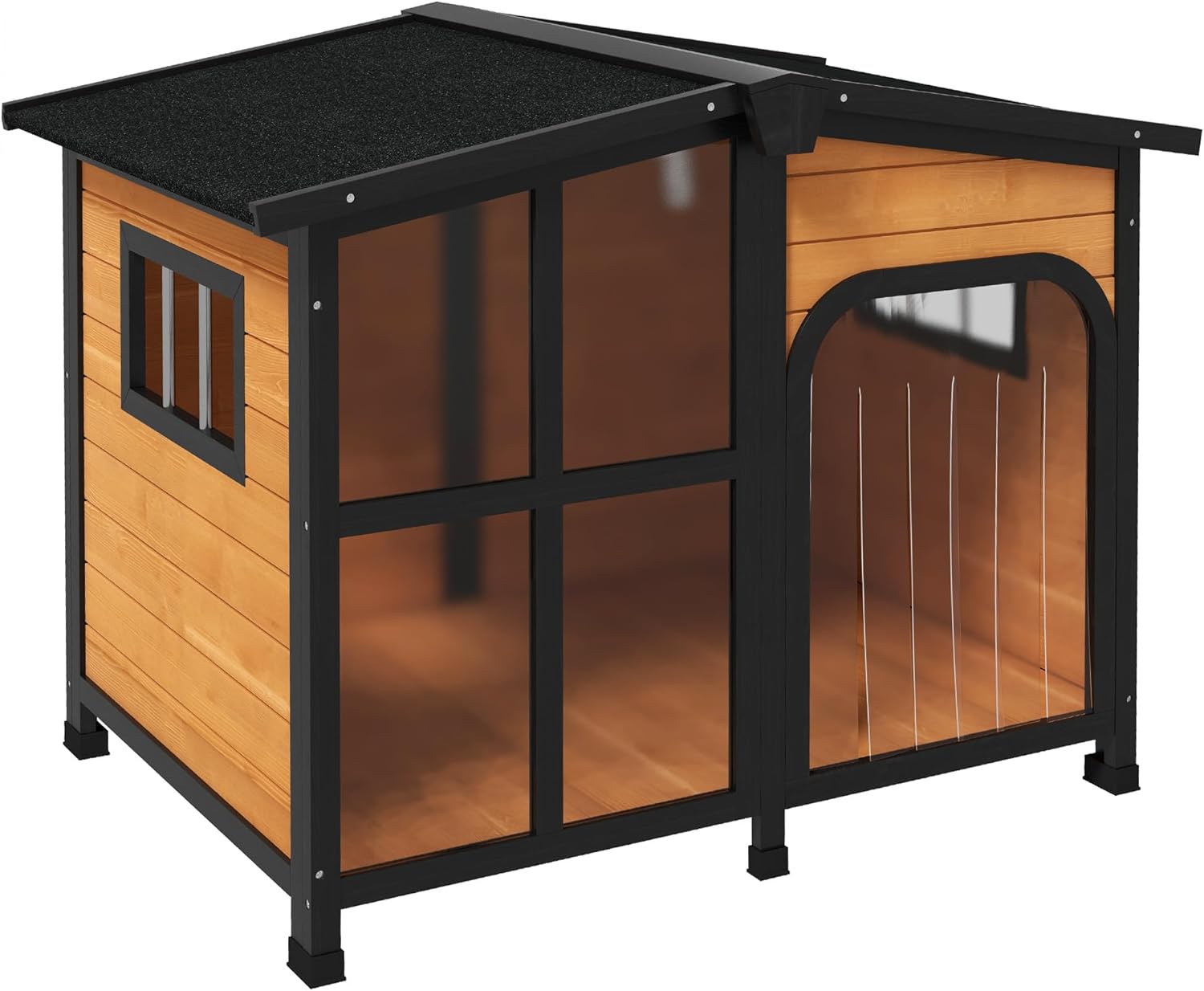 PawHut Outside Cabin-Style Wooden Dog House for Large Dogs with Openable Roof & Giant Window, Outdoor & Indoor Big Dog House, Asphalt Roof, Yellow