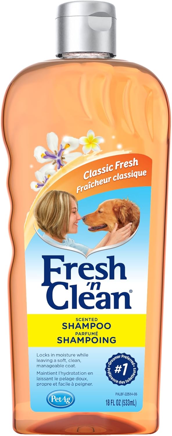 Pet-Ag Fresh ’n Clean Scented Shampoo, Classic Fresh Scent – 18 oz – Moisturizes with Vitamin E & Aloe Vera – Strengthens & Repairs Coats – Soap Free