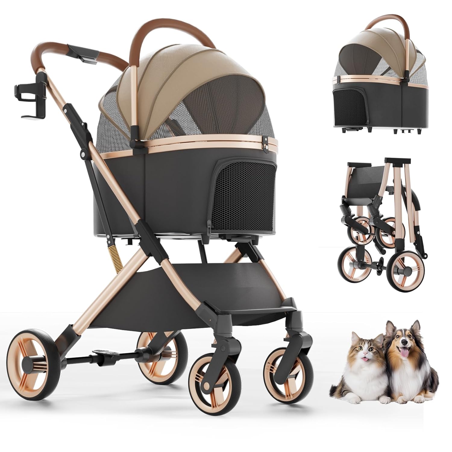 Pet Stroller with 4 Wheels, Dog Stroller with Detachable Carrier, One-Click Folding Pet Travel Carrier for Small, Medium Dogs Cats up to 50lbs, 3 in 1 Multifunctional (Brown) Pet Stroller with 4 Wheels, Dog Stroller with Detachable Carrier, One-Click Folding Pet Travel Carrier for Small, Medium Dogs Cats up to 50lbs, 3 in 1 Multifunctional (Brown)