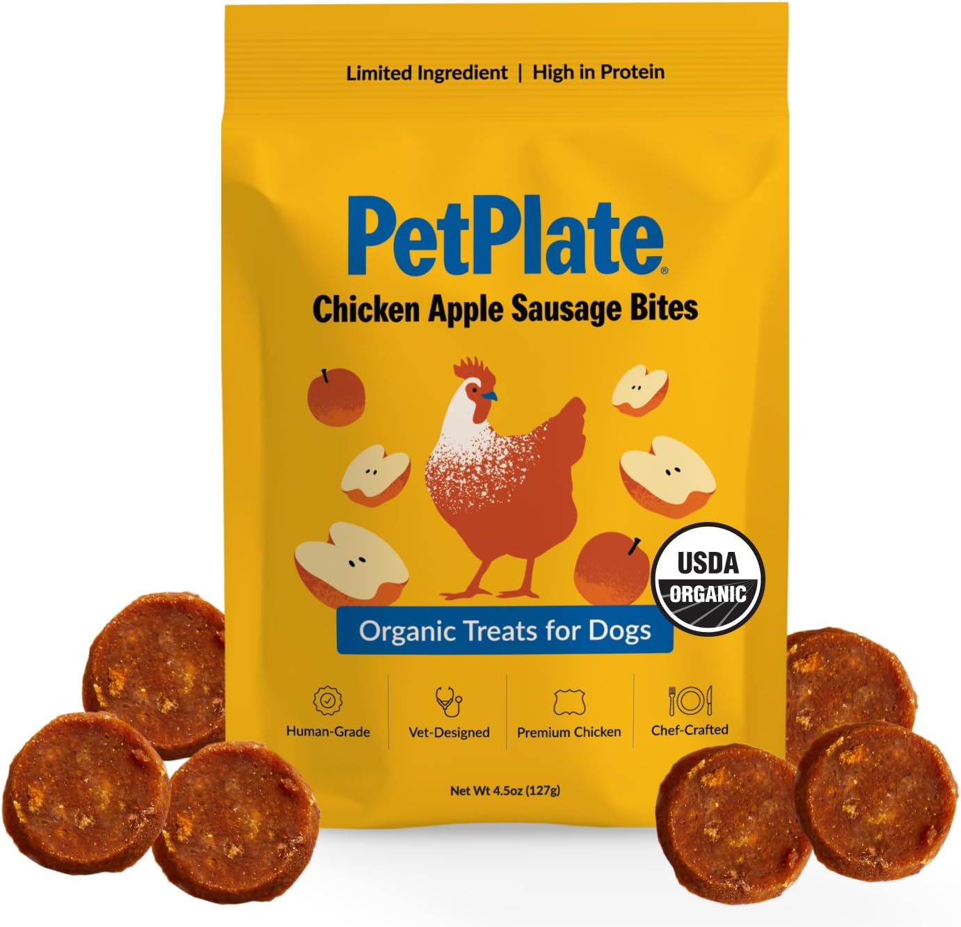 PetPlate Chicken Apple Sausage Bites, Human Grade Dog Treats, All Life Stages, Grain-Free, Organic and Real Ingredients, High Protein, Healthy Snacks (Pack of 1, 4.5 Ounce) PetPlate Chicken Apple Sausage Bites, Human Grade Dog Treats, All Life Stages, Grain-Free, Organic and Real Ingredients, High Protein, Healthy Snacks (Pack of 1, 4.5 Ounce)