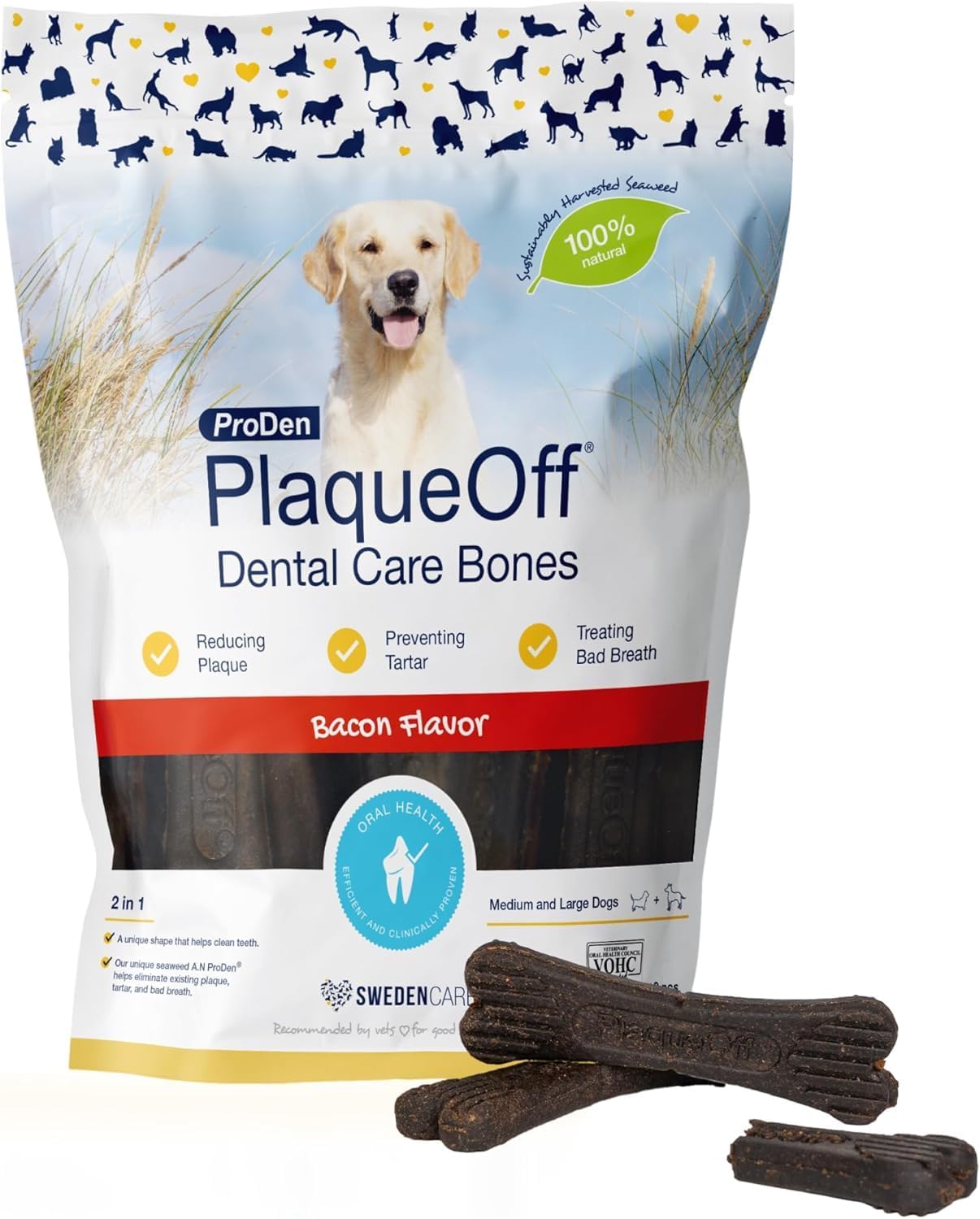 ProDen PlaqueOff System Dental Care Bones – Dog Teeth Cleaning Bones for Oral Hygiene -Medium/Large Canine Formula – Bacon Flavor -17 oz(Packaging May Vary)