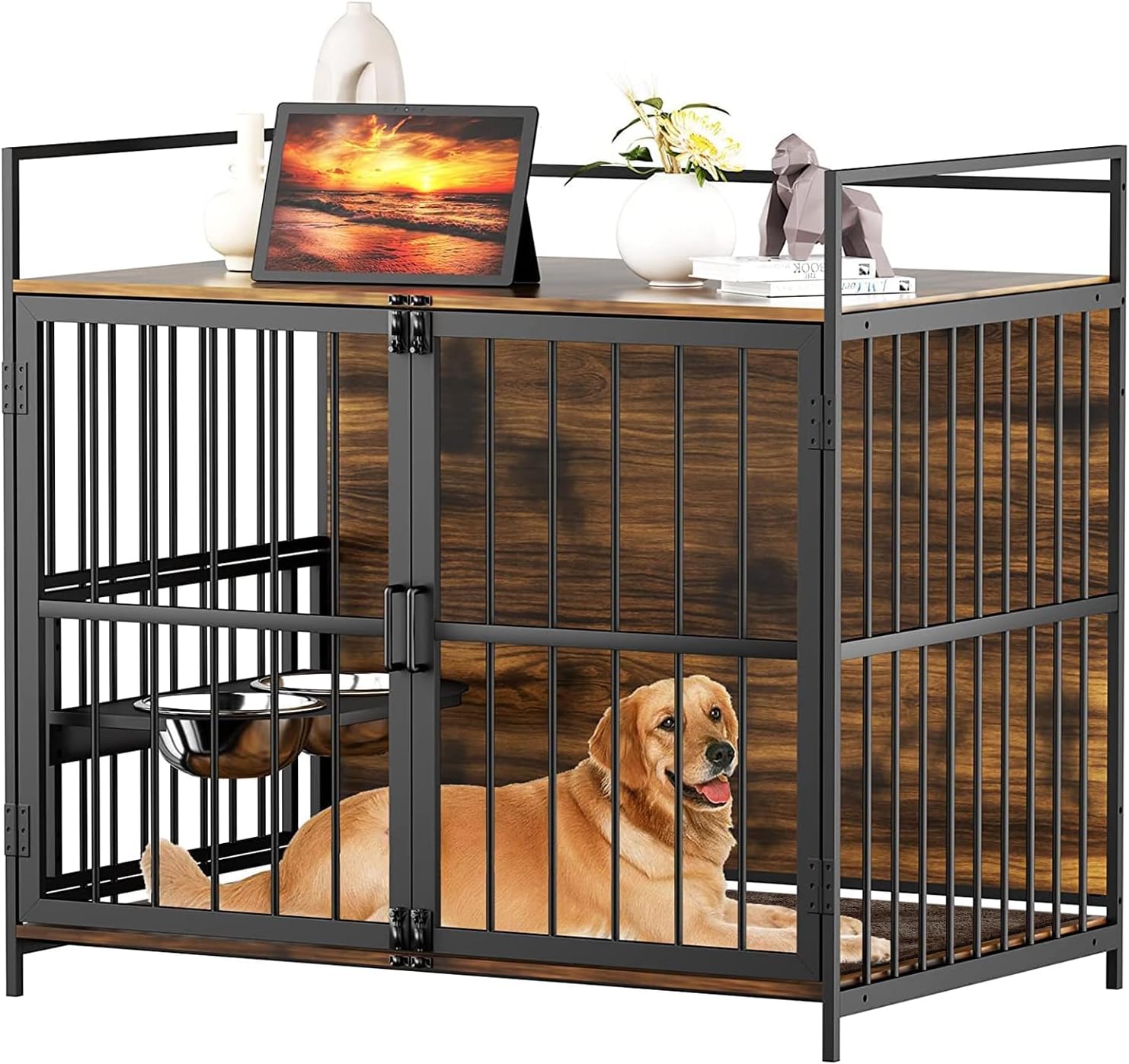 ROOMTEC Furniture Style Large Dog Crate with 360° & Adjustable Raised Feeder for Dogs 2 Stainless Steel Bowls -End Table House Pad, Indoor Use,41″ L X 24″ W 36″ H, Classic Brown