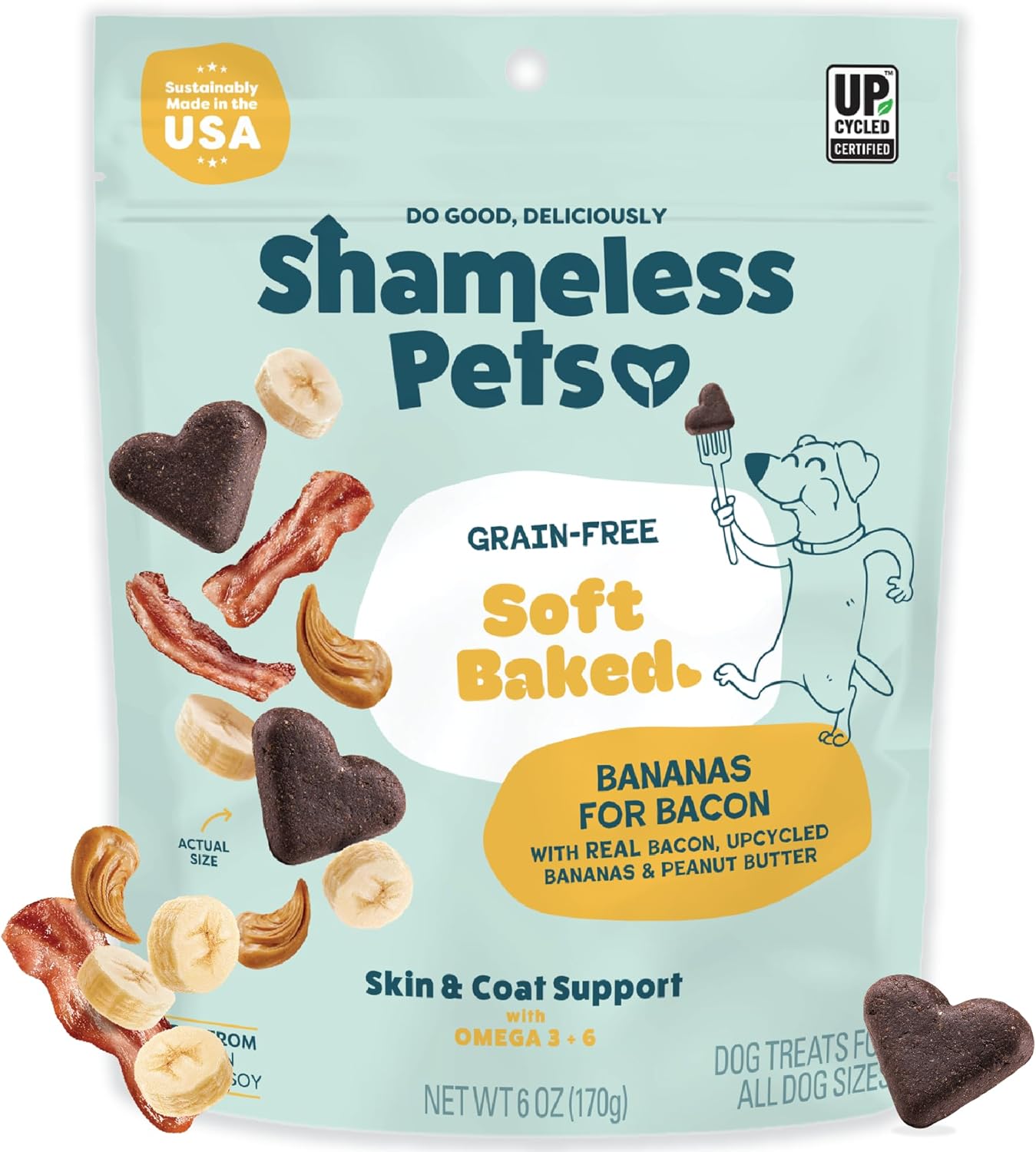 Shameless Pets Soft-Baked Dog Treats, Bananas for Bacon – Natural & Healthy Dog Chews for Skin & Coat Support with Omega 3 & 6 – Biscuits Baked & Made in USA, Free from Grain, Corn & Soy – 1-Pack