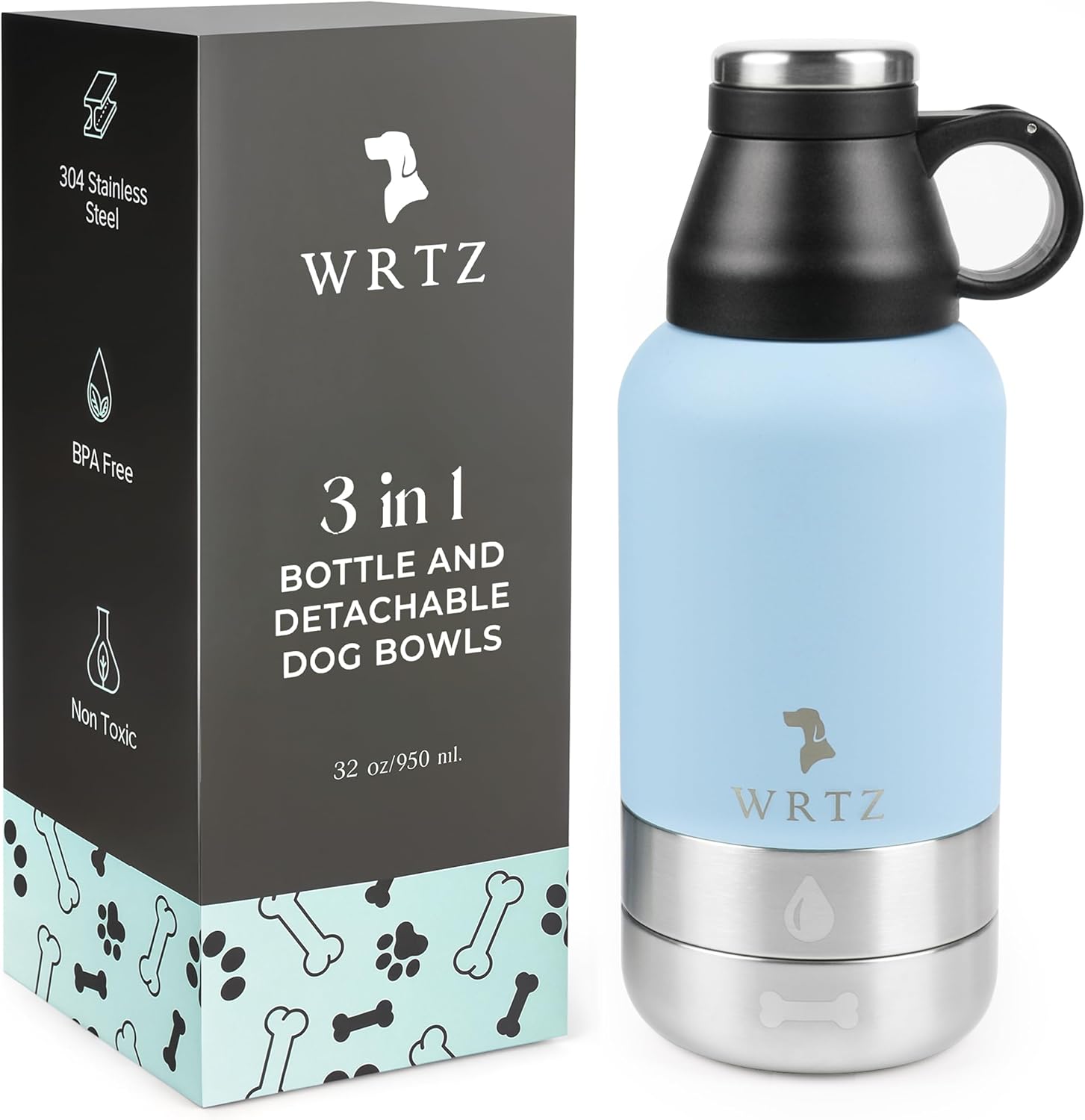 Stainless Steel Insulated Water Bottle with 2 Removable Water Bowls for Dogs – Leak-Proof Portable Dog Water Bottle – Travel Accessories for Dogs – 32oz – Blue