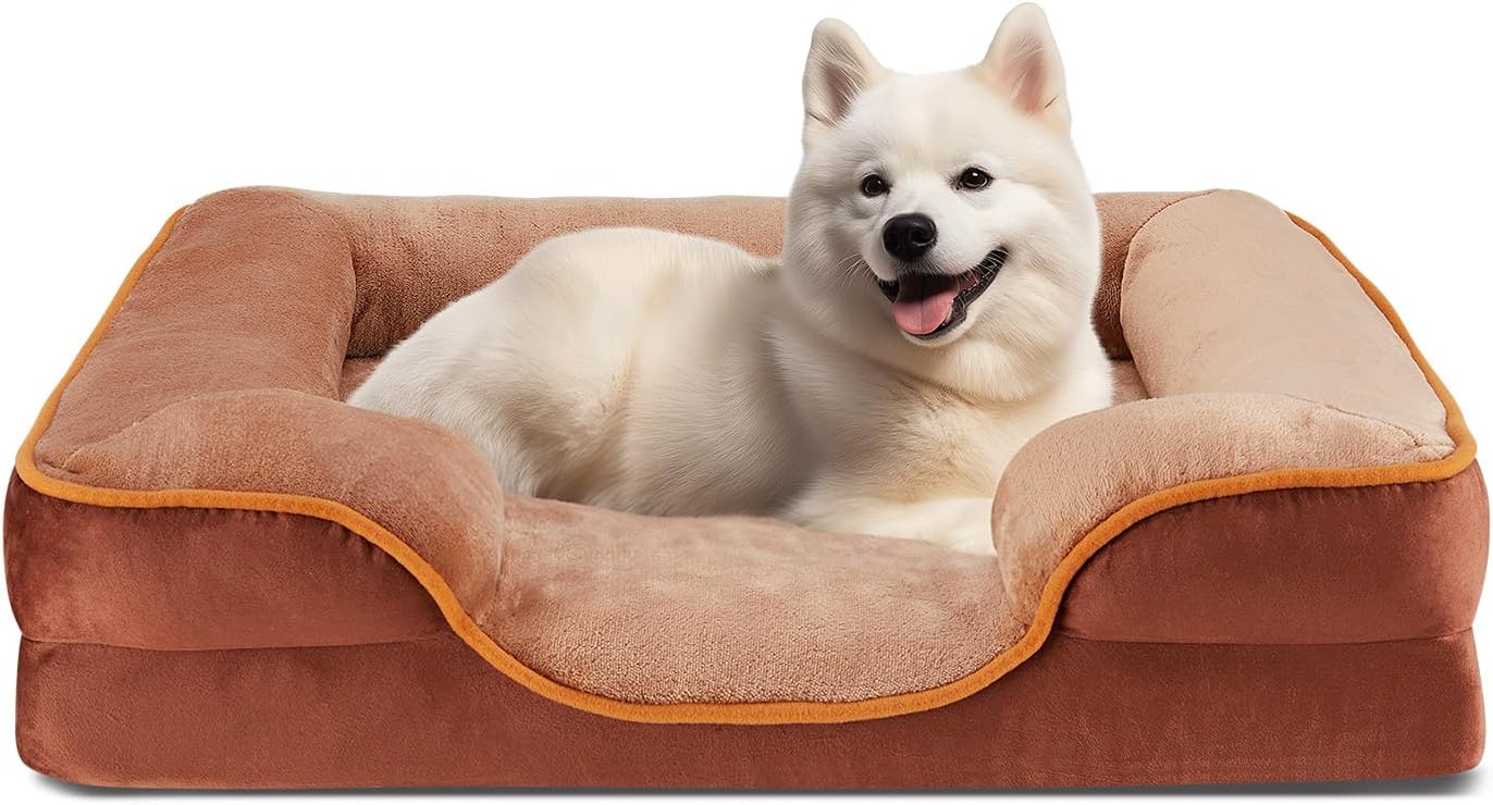 Sweetcrispy Orthopedic Dog Bed, Memory Foam Puppy Sleeping Sofa for Medium Pets with Washable Removable Cover Non-Slip Base Waterproof Liner Egg Crate for Improved Sleep, Brown, 28″L x 23″W x 6.5″Th