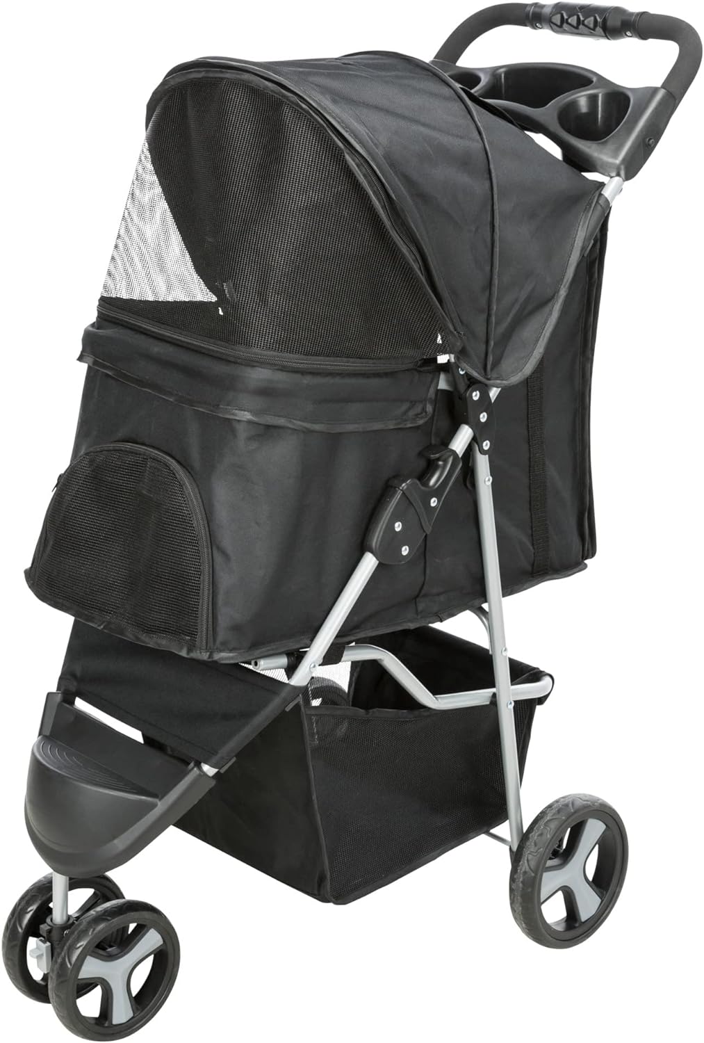 TRIXIE Foldable Pet Stroller for Cats and Dogs, Pet Carrier Strolling Cart with Weather Cover, Storage Basket, Cup Holder, Black