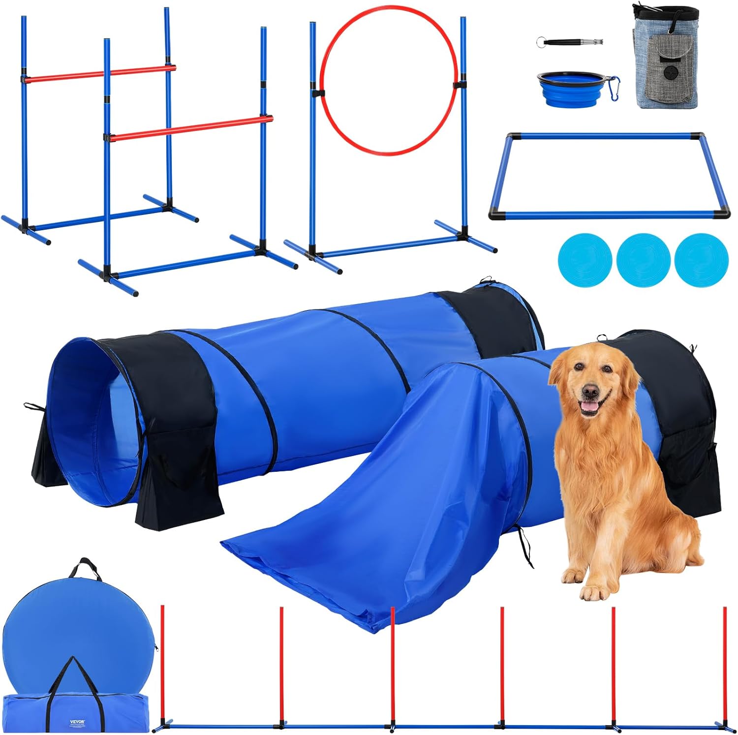 VEVOR Dog Agility Training Equipment, 13pcs Dog Agility Course Backyard Set, 2 Tunnels with Sandbags,Adjustable Hurdles,Weave Poles,Jump Ring,Pause Box, Puppy Obstacle Course Kit with Storage Bag