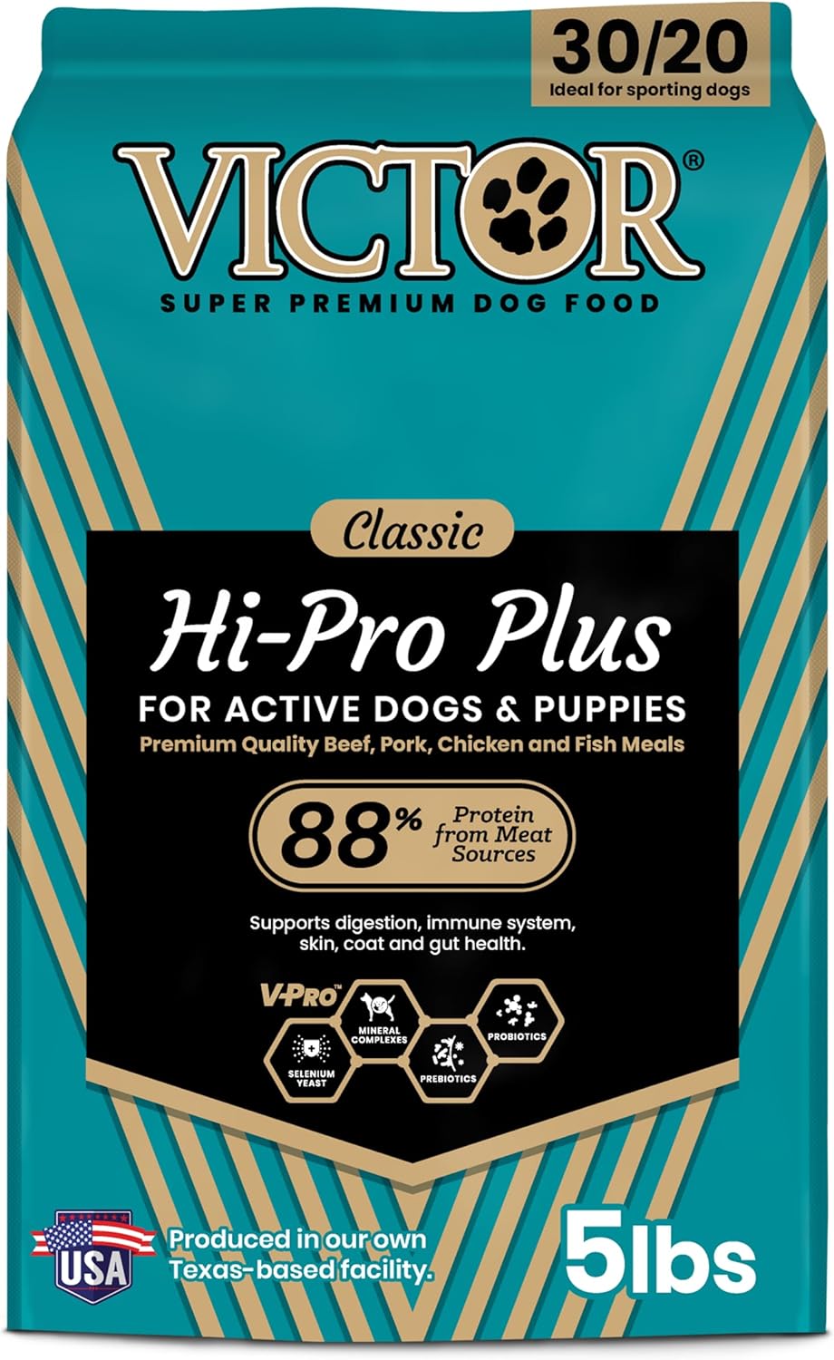 VICTOR Super Premium Dog Food – Hi-Pro Plus Dry Kibble – High Protein Dog Food with 30% Protein – Beef, Chicken, Pork, Fish Meals, Gluten Free – for High Energy and Active Dogs & Puppies, 5lbs