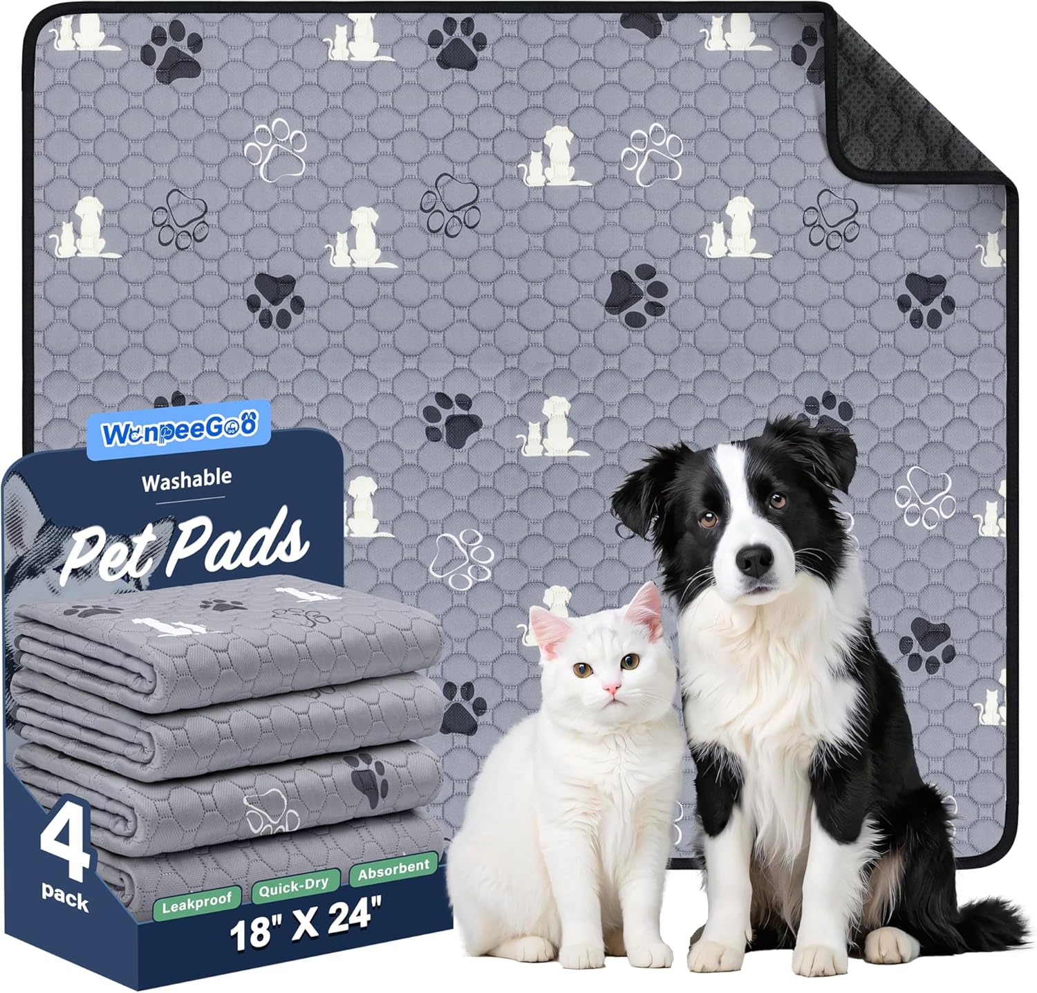 Washable Pee Pads for Dogs, 4 Pack Absorbent Reusable Training Dog Pads Pet Puppy Pads, Non-Slip Potty Pads for Whelping, Playpen, Crate, Bed, Grey 18″x24″