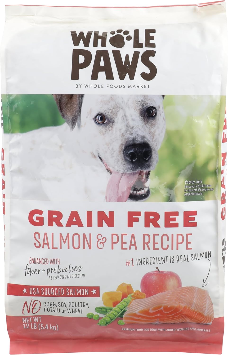 Whole Paws, Grain-Free Dry Dog Food, Salmon & Pea Recipe, Enhanced with Fiber & Prebiotics, 12 lb