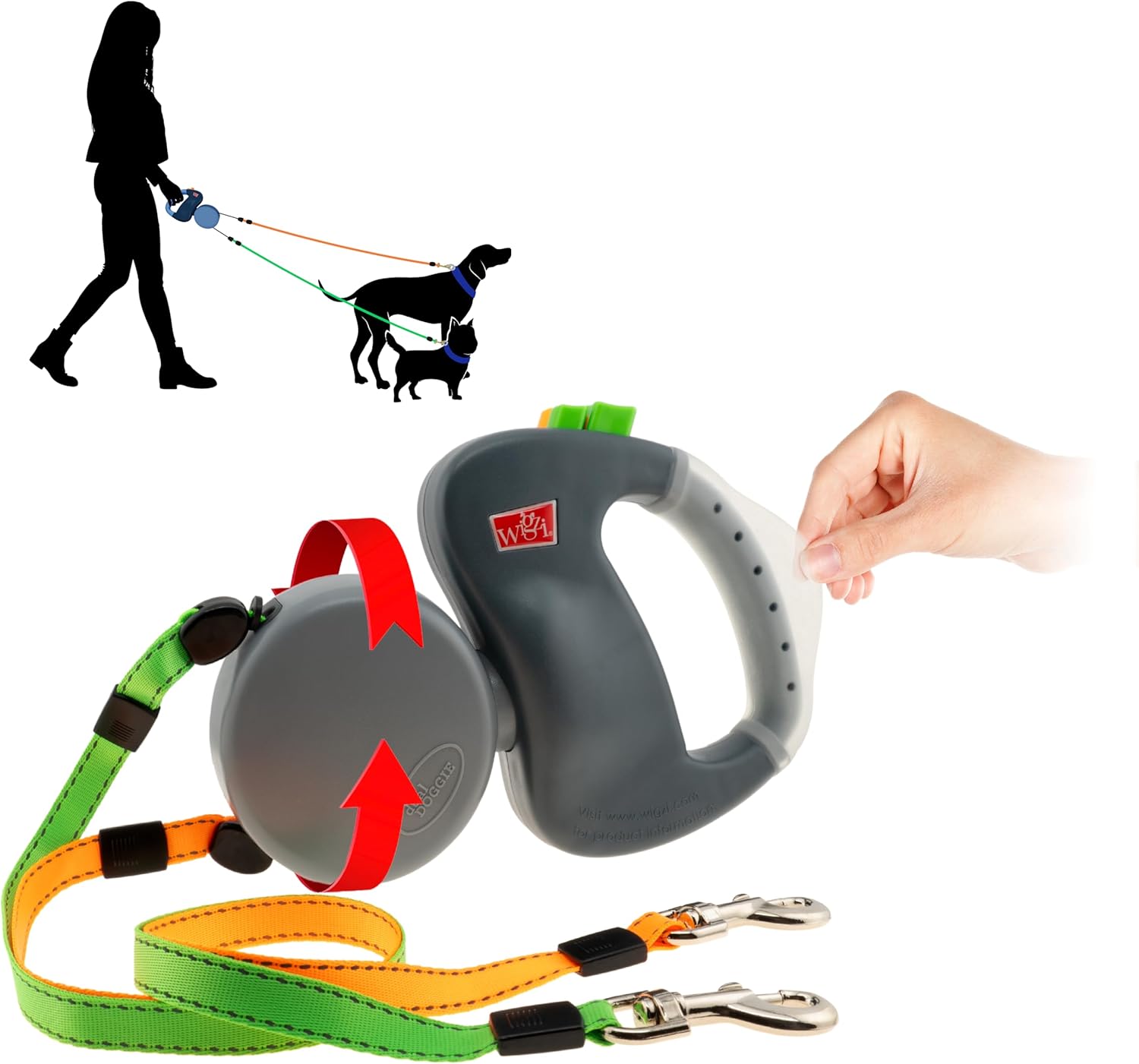 Wigzi – 2025 Edition – 2 Dog Retractable Leash – Featuring Our Incredible Silicone Gel Handle – No Tangle Engineering. Each Dog 50 lb up to 10 ft Distance. Lock and Unlock Easily. Reflective Webbing.