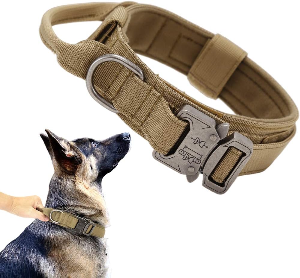Xqpetlihai Tactical Dog Collar Adjustable Military Nylon Dog Collar with Control Handle and Heavy Duty Metal Buckle for Medium and Large Dogs (Brown,L)