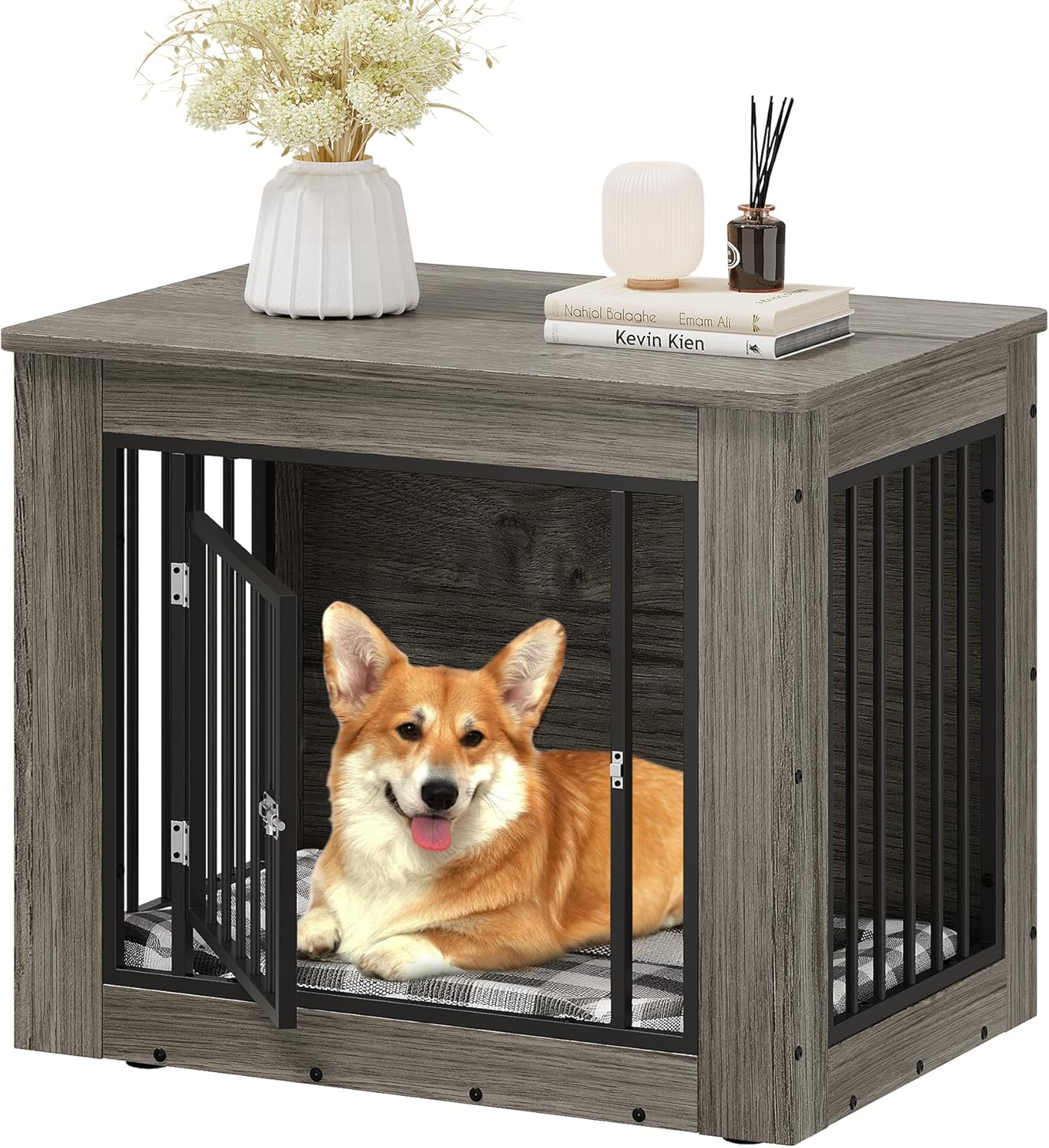 YITAHOME Dog Crate Furniture for Medium Dogs, Side End Table, Modern Dogs Kennel Indoor up to 35 lb, 2-in-1 Iron-Wood Fusion Dog Cage with Waterproof Top, Safety Corners,Steel Lock,30″ L,Greige