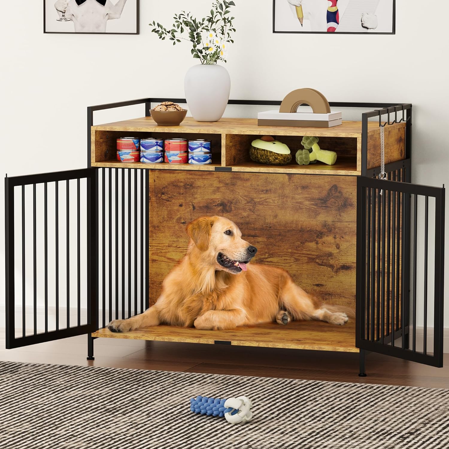 YITAHOME Large Dog Crate, 41″ Heavy Duty Dog Kennel with 2 Drawers End Table, Wooden Dog Cage Indoor Dog House Pet Crate Table with Double Doors for Large Medium Small Dogs, Rustic Brown